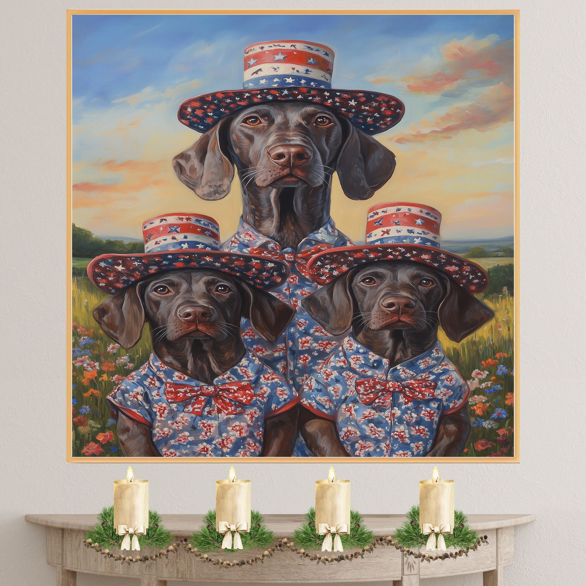 Mother German Shorthaired Pointer with Three Puppies Wearing Patriotic Hats and Outfits in a Flower Field on Ready to Hang 1.5" Thick Canvas Wrap, Floating Framed Canvas, Flat Rolled Canvas