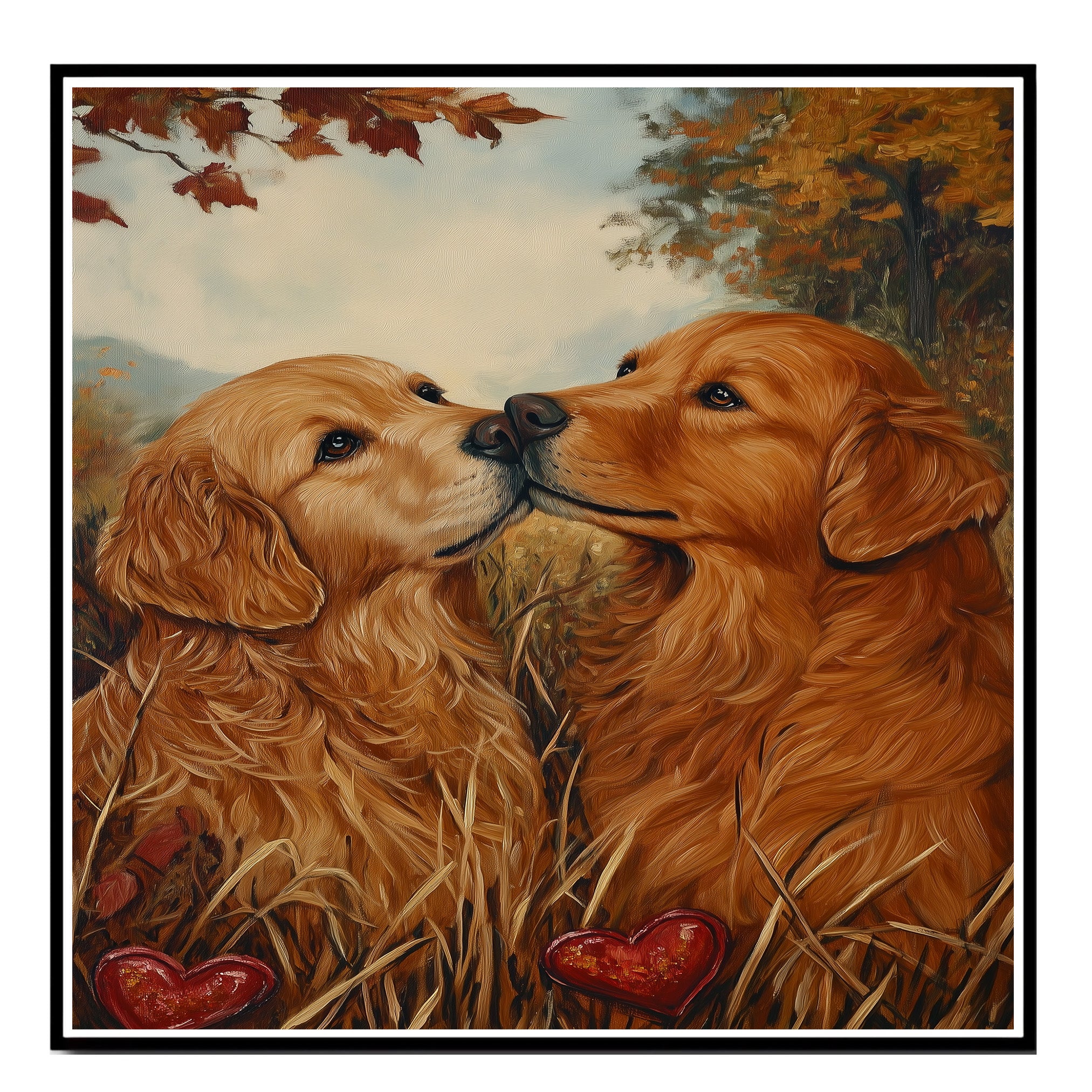 Golden Retriever Couple in Autumn Field Romantic Dog Artwork for Pet Lovers and Cozy Rustic Home Decor on Ready to Hang 1.5" Thick Canvas Wrap, Floating Framed Canvas, Flat Rolled Canvas