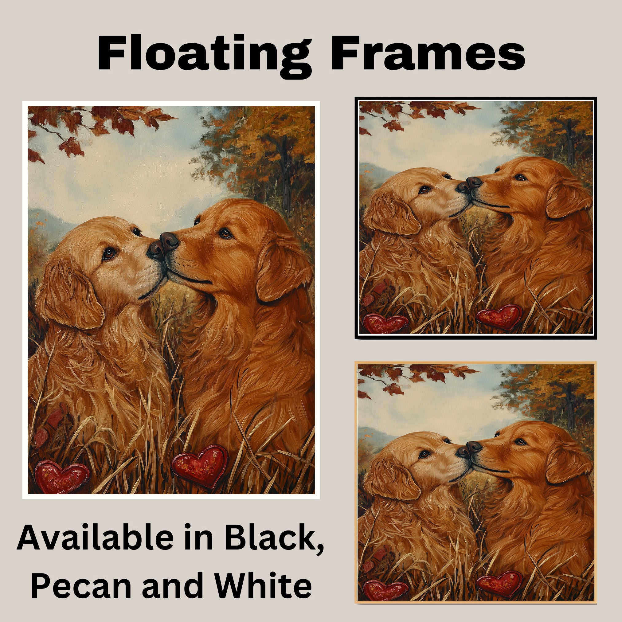 Golden Retriever Couple in Autumn Field Romantic Dog Artwork for Pet Lovers and Cozy Rustic Home Decor on Ready to Hang 1.5" Thick Canvas Wrap, Floating Framed Canvas, Flat Rolled Canvas
