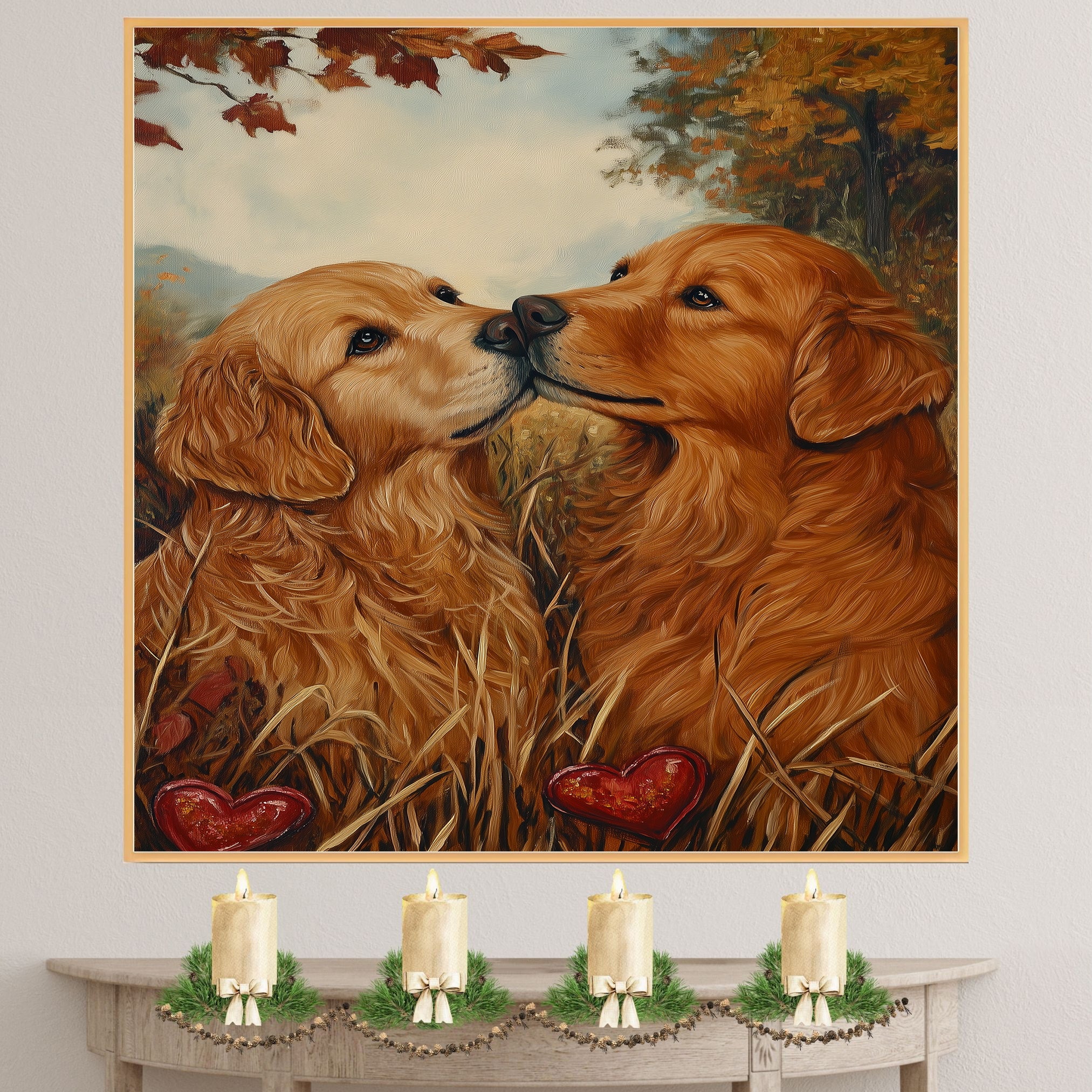 Golden Retriever Couple in Autumn Field Romantic Dog Artwork for Pet Lovers and Cozy Rustic Home Decor on Ready to Hang 1.5" Thick Canvas Wrap, Floating Framed Canvas, Flat Rolled Canvas