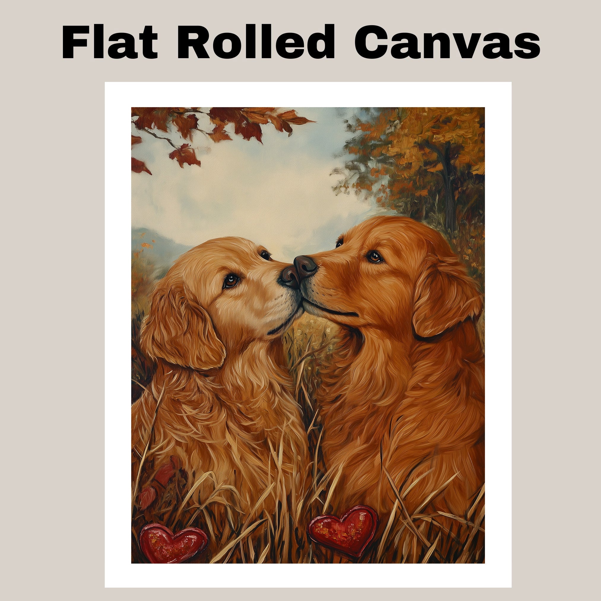 Golden Retriever Couple in Autumn Field Romantic Dog Artwork for Pet Lovers and Cozy Rustic Home Decor on Ready to Hang 1.5" Thick Canvas Wrap, Floating Framed Canvas, Flat Rolled Canvas