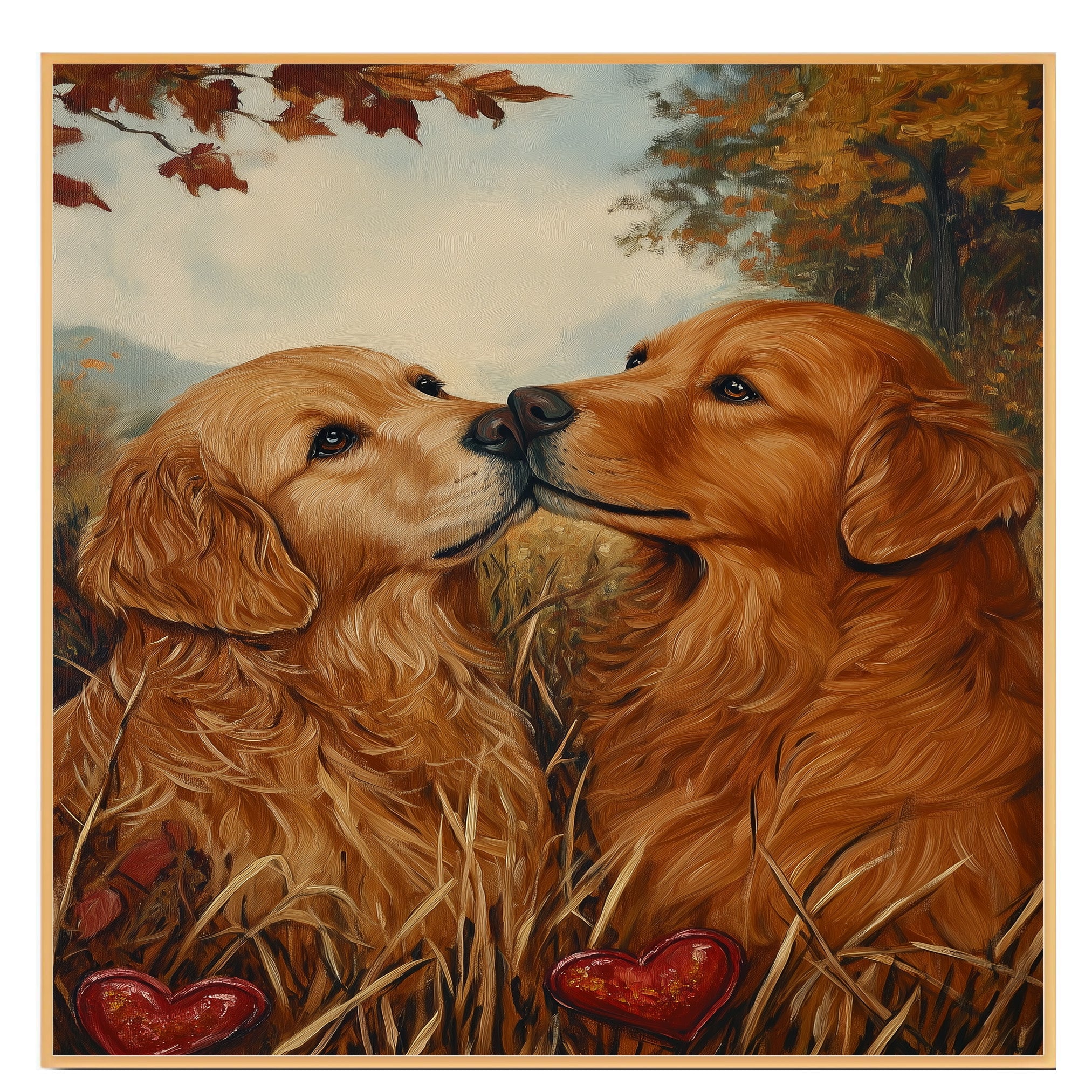 Golden Retriever Couple in Autumn Field Romantic Dog Artwork for Pet Lovers and Cozy Rustic Home Decor on Ready to Hang 1.5" Thick Canvas Wrap, Floating Framed Canvas, Flat Rolled Canvas