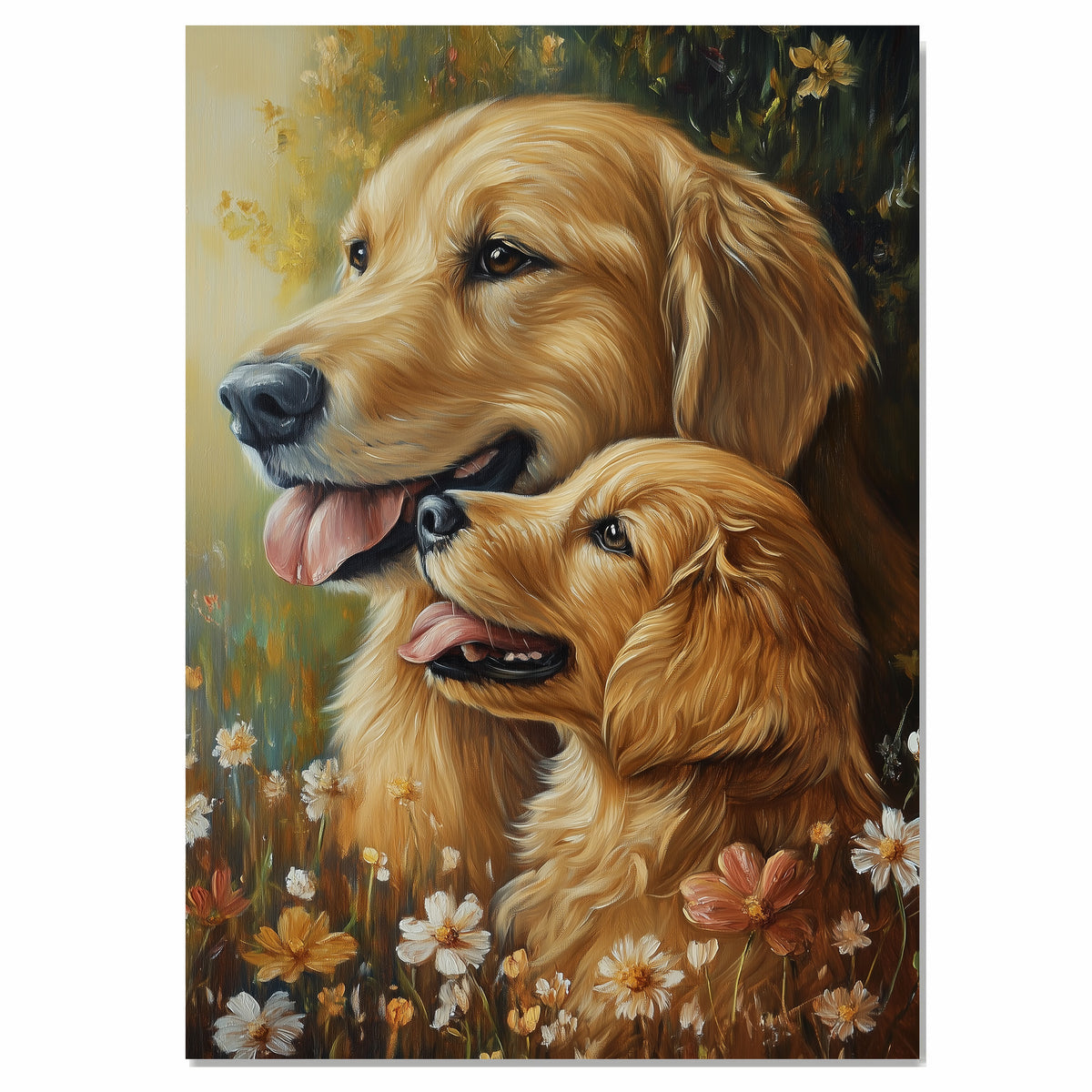 Golden Retriever Couple in Wildflowers Romantic Dog Artwork for Pet Lovers and Cozy Nature Inspired Home Decor on Ready to Hang 1.5" Thick Canvas Wrap, Floating Framed Canvas, Flat Rolled Canvas