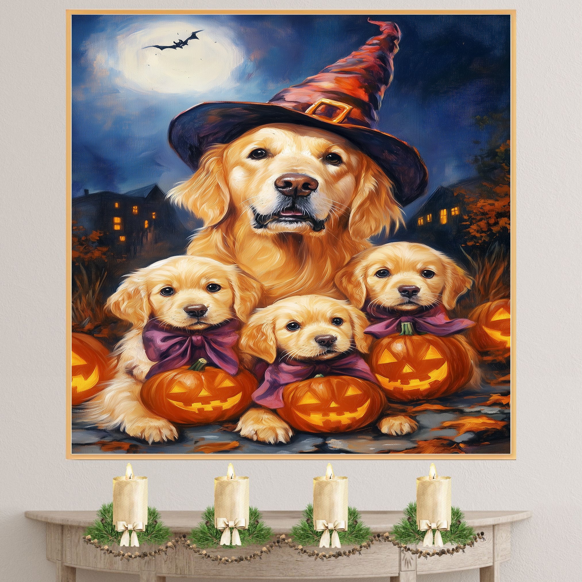 Golden Retriever Halloween Canvas Wall Art with Pumpkins Witch Hats and Fall Leaves Rustic Autumn Decoration for Living Room on Ready to Hang 1.5" Thick Canvas Wrap, Floating Framed Canvas, Flat Rolled Canvas