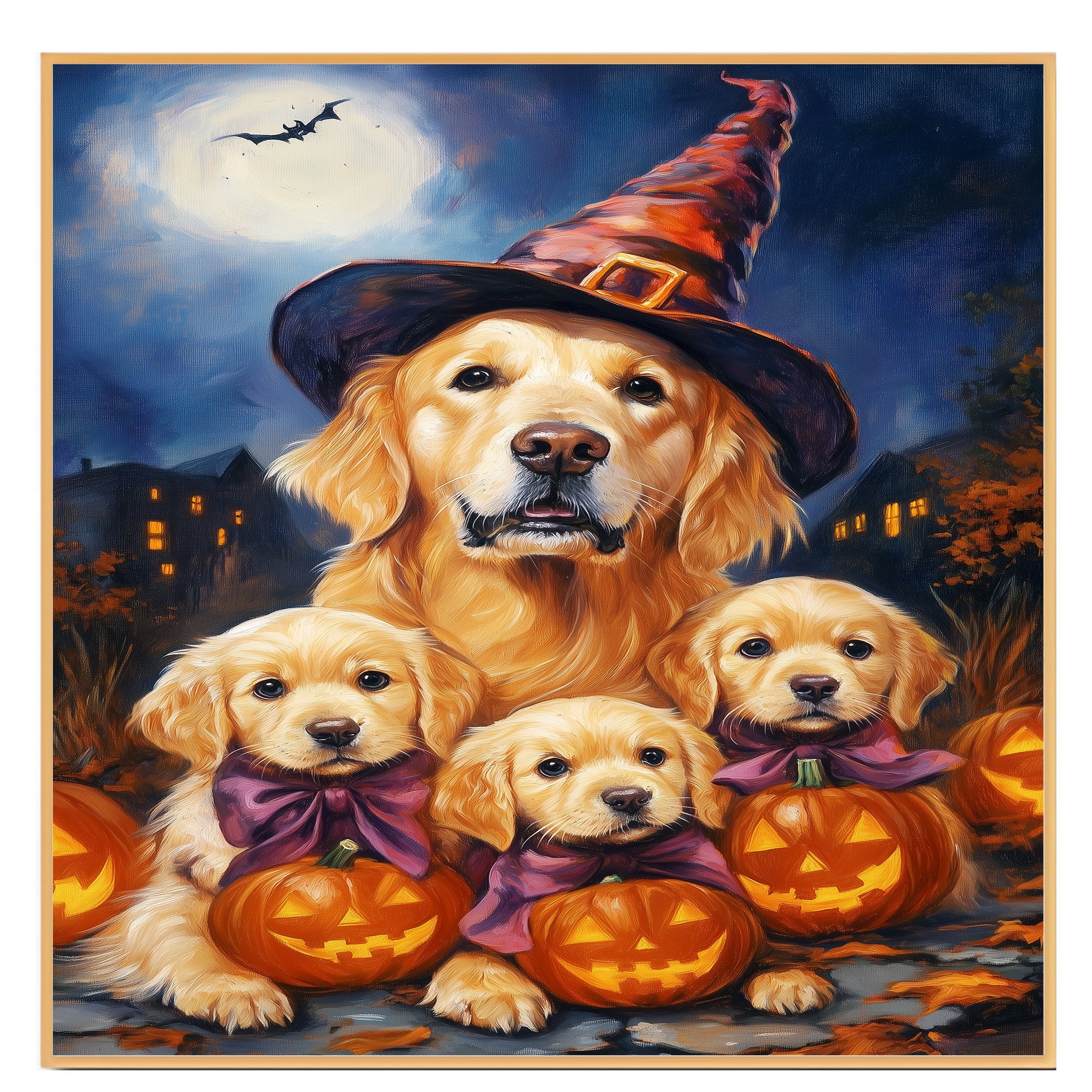 Golden Retriever Halloween Canvas Wall Art with Pumpkins Witch Hats and Fall Leaves Rustic Autumn Decoration for Living Room on Ready to Hang 1.5" Thick Canvas Wrap, Floating Framed Canvas, Flat Rolled Canvas