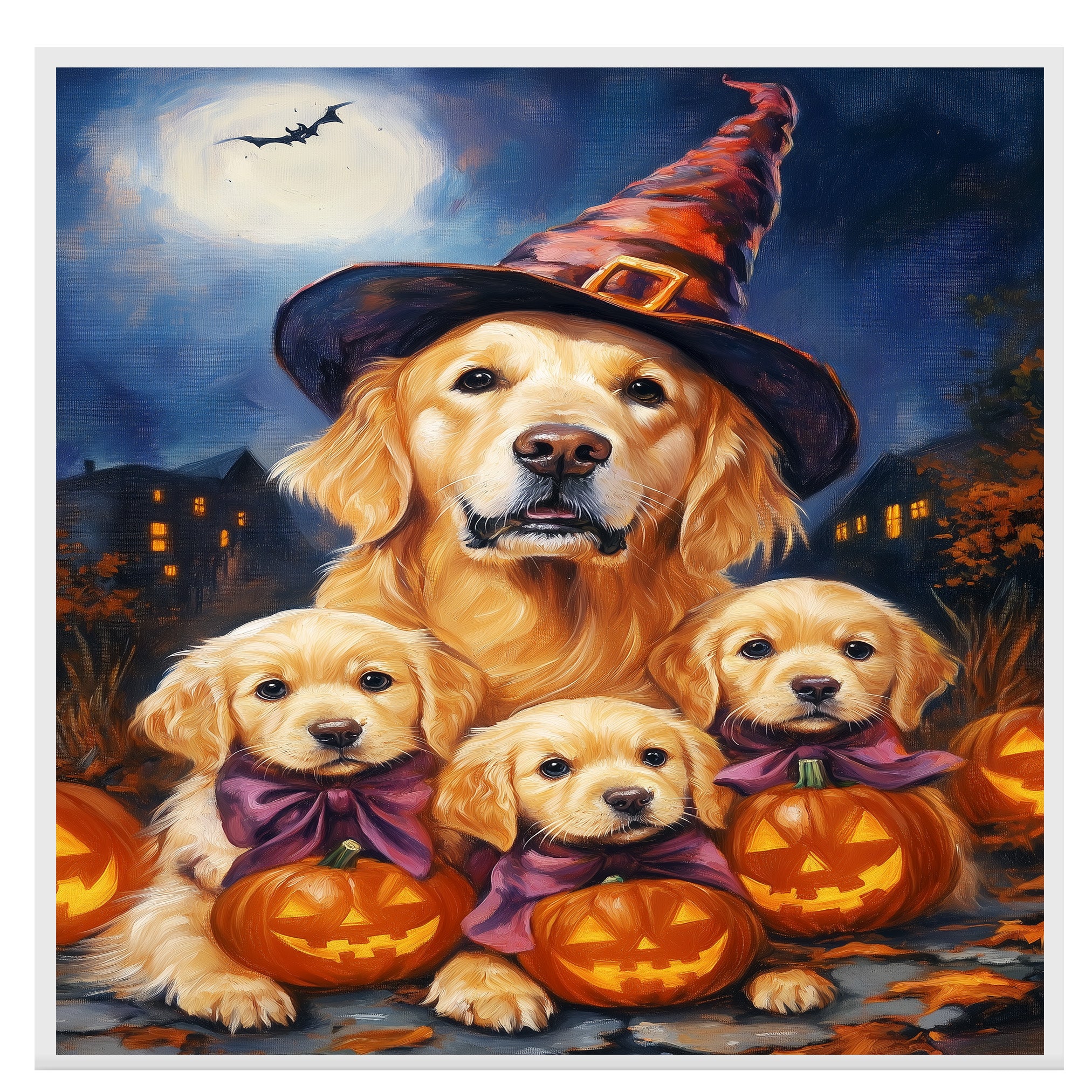Golden Retriever Halloween Canvas Wall Art with Pumpkins Witch Hats and Fall Leaves Rustic Autumn Decoration for Living Room on Ready to Hang 1.5" Thick Canvas Wrap, Floating Framed Canvas, Flat Rolled Canvas