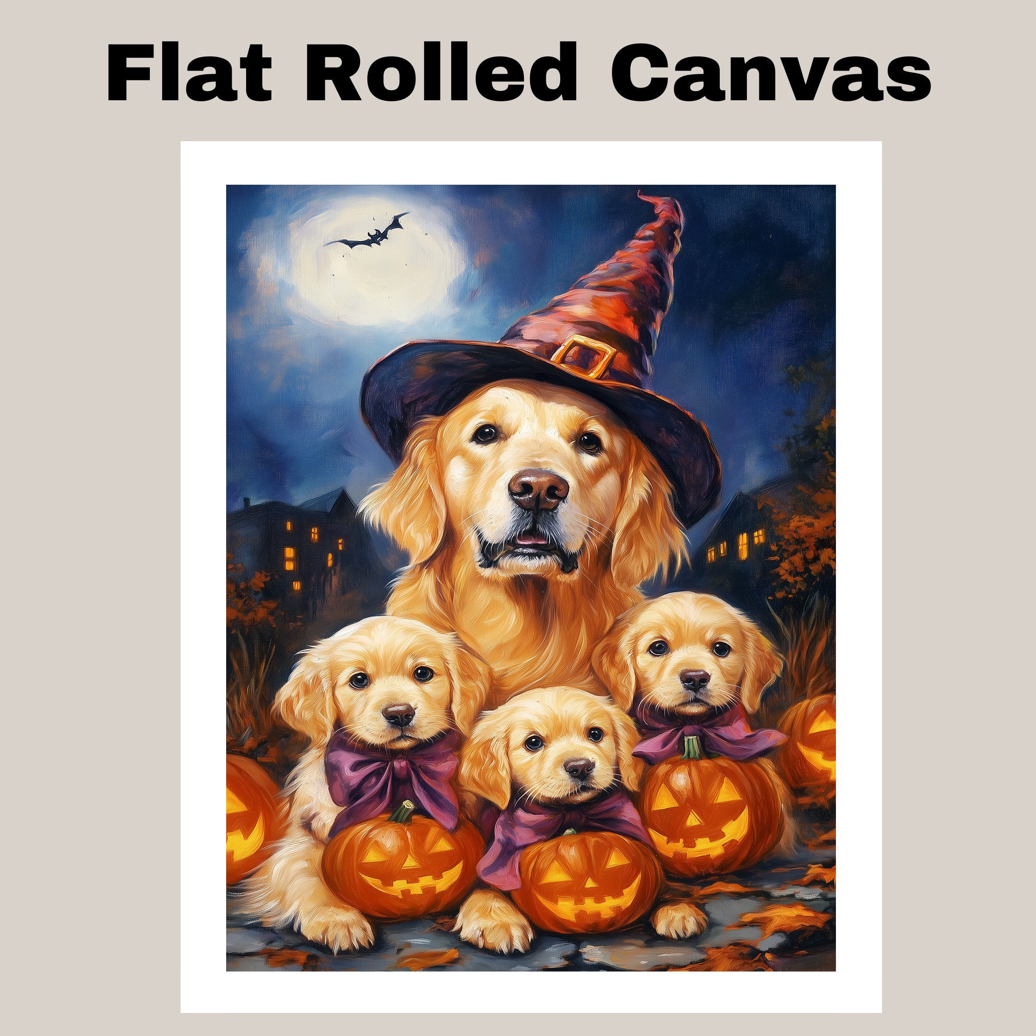 Golden Retriever Halloween Canvas Wall Art with Pumpkins Witch Hats and Fall Leaves Rustic Autumn Decoration for Living Room on Ready to Hang 1.5" Thick Canvas Wrap, Floating Framed Canvas, Flat Rolled Canvas
