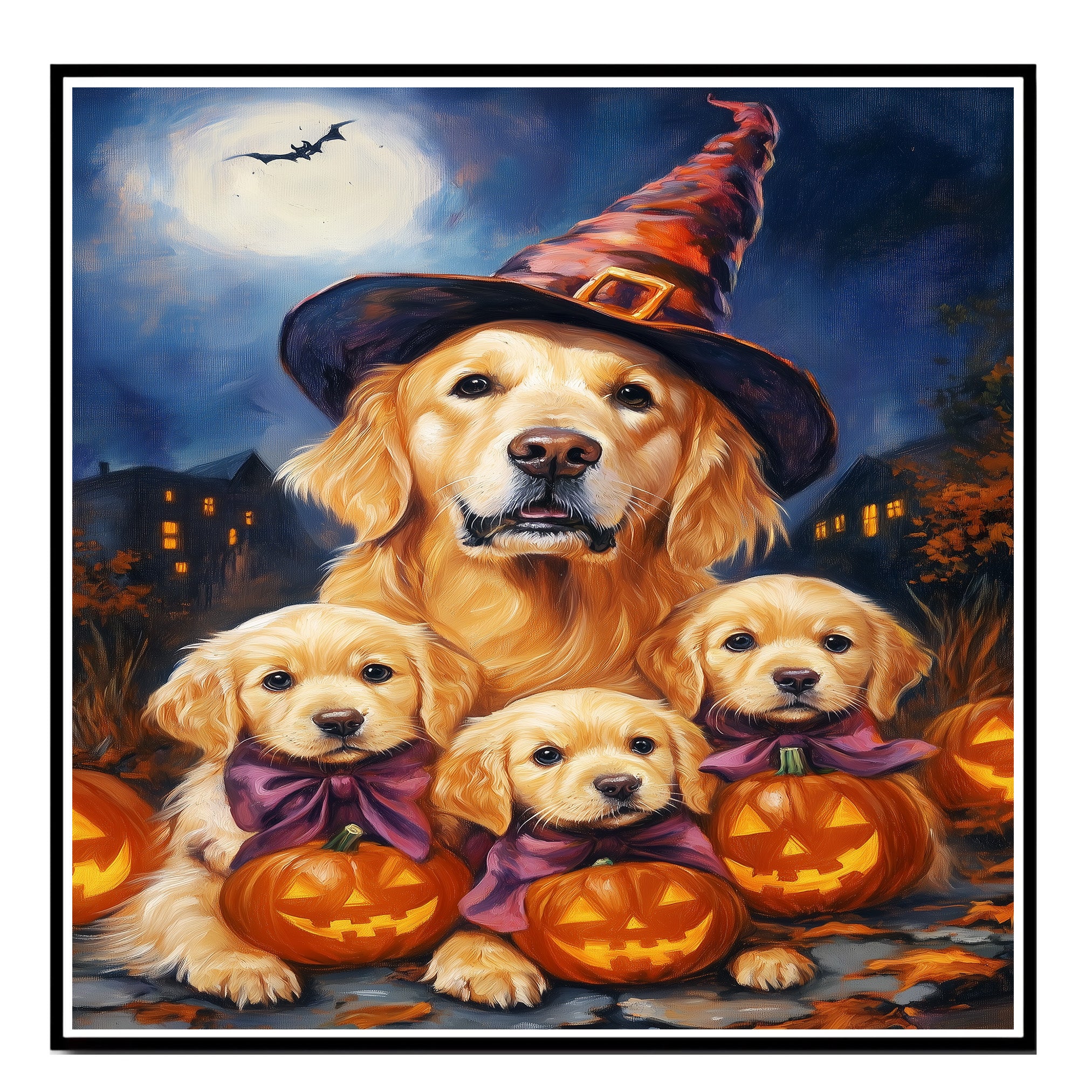 Golden Retriever Halloween Canvas Wall Art with Pumpkins Witch Hats and Fall Leaves Rustic Autumn Decoration for Living Room on Ready to Hang 1.5" Thick Canvas Wrap, Floating Framed Canvas, Flat Rolled Canvas