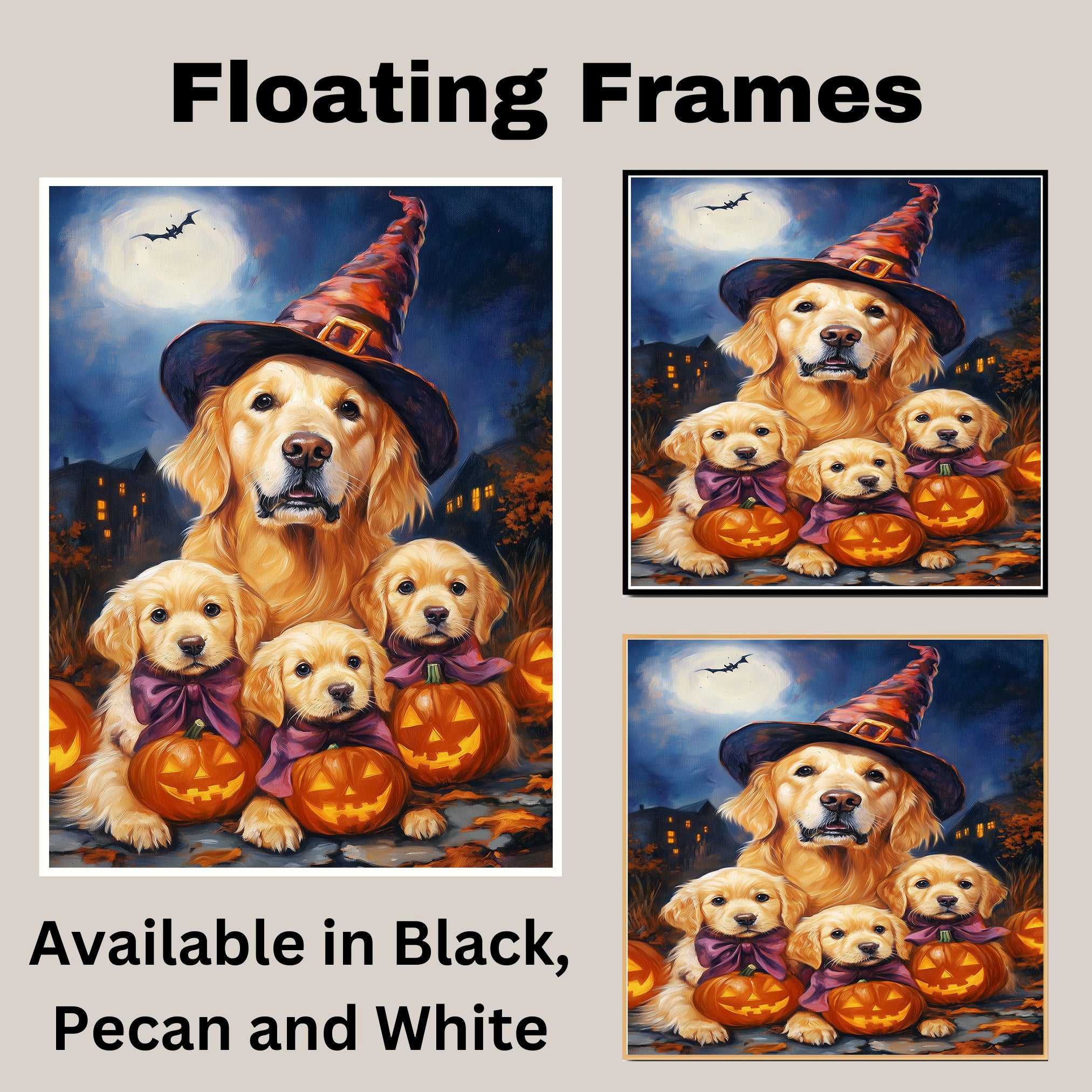 Golden Retriever Halloween Canvas Wall Art with Pumpkins Witch Hats and Fall Leaves Rustic Autumn Decoration for Living Room on Ready to Hang 1.5" Thick Canvas Wrap, Floating Framed Canvas, Flat Rolled Canvas