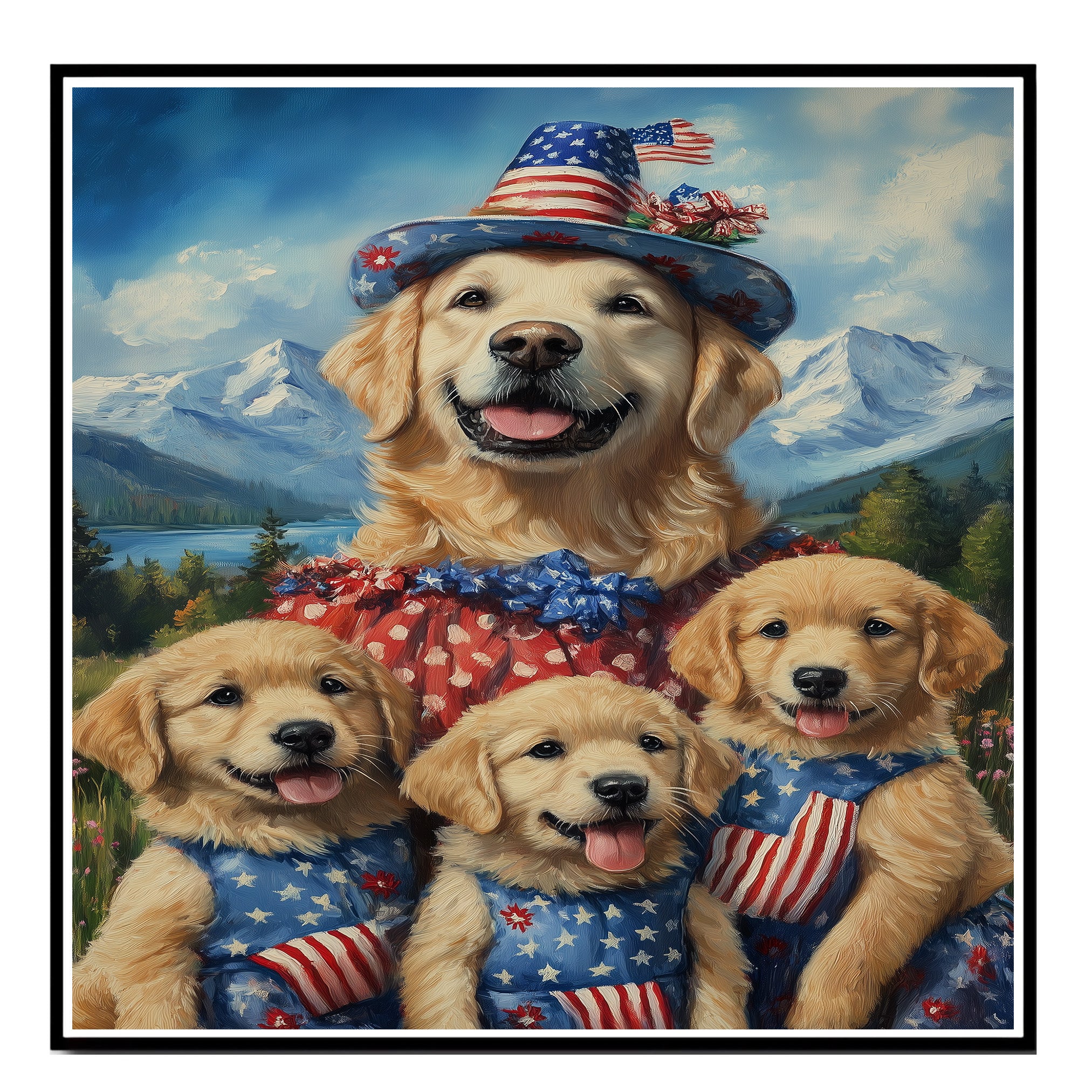 Mother Golden Retriever with Three Puppies in Patriotic Outfits and Hats in a Scenic Mountain Landscape on Ready to Hang 1.5" Thick Canvas Wrap, Floating Framed Canvas, Flat Rolled Canvas