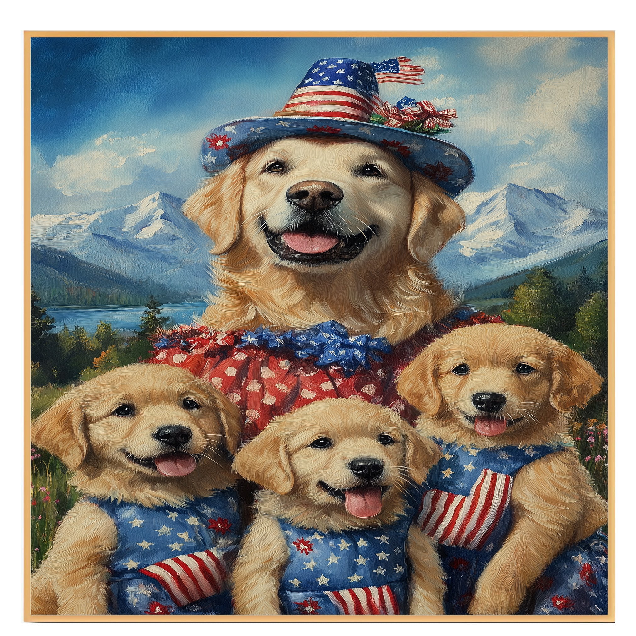 Mother Golden Retriever with Three Puppies in Patriotic Outfits and Hats in a Scenic Mountain Landscape on Ready to Hang 1.5" Thick Canvas Wrap, Floating Framed Canvas, Flat Rolled Canvas