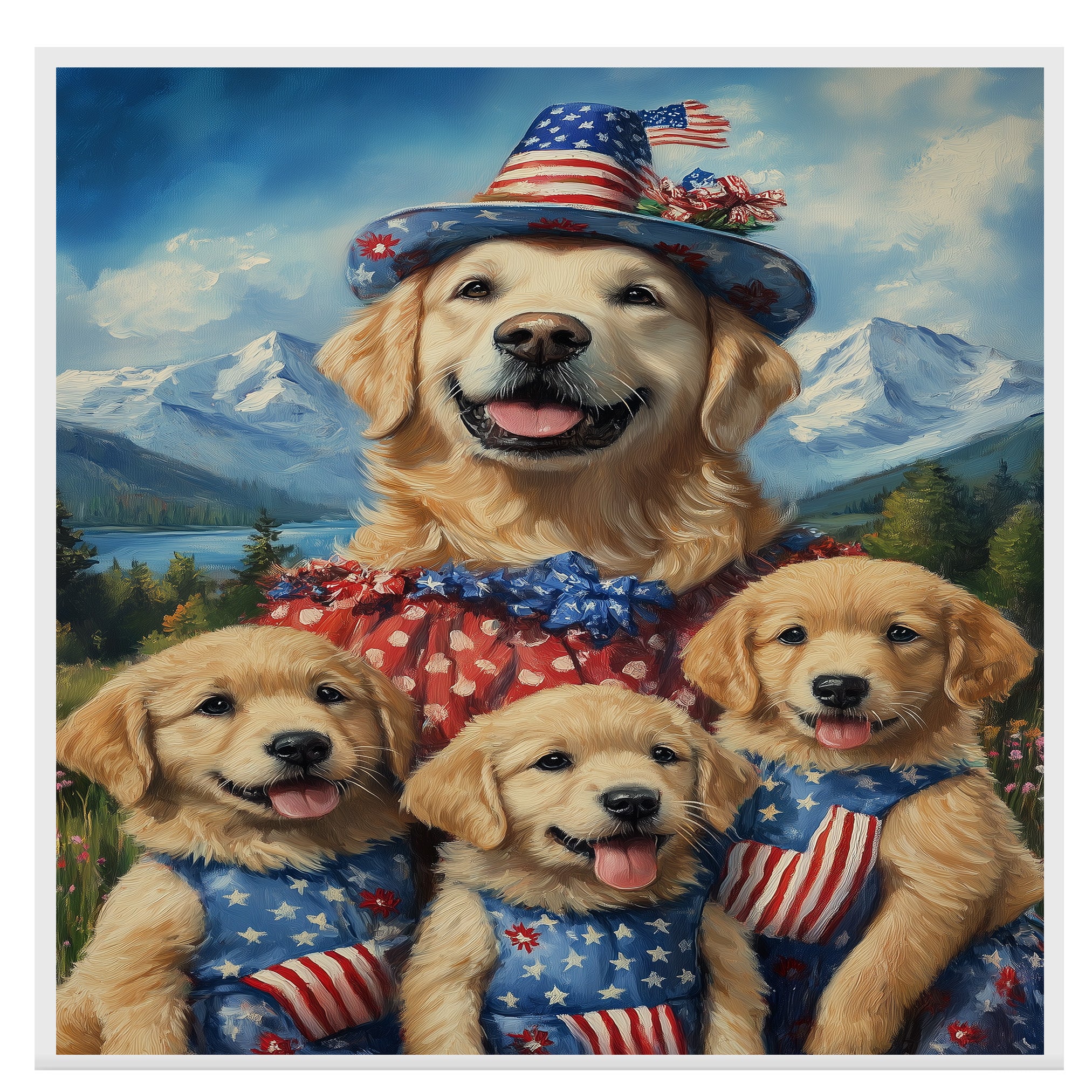 Mother Golden Retriever with Three Puppies in Patriotic Outfits and Hats in a Scenic Mountain Landscape on Ready to Hang 1.5" Thick Canvas Wrap, Floating Framed Canvas, Flat Rolled Canvas