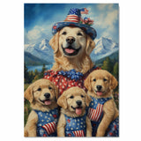 Mother Golden Retriever with Three Puppies in Patriotic Outfits and Hats in a Scenic Mountain Landscape on Ready to Hang 1.5" Thick Canvas Wrap, Floating Framed Canvas, Flat Rolled Canvas