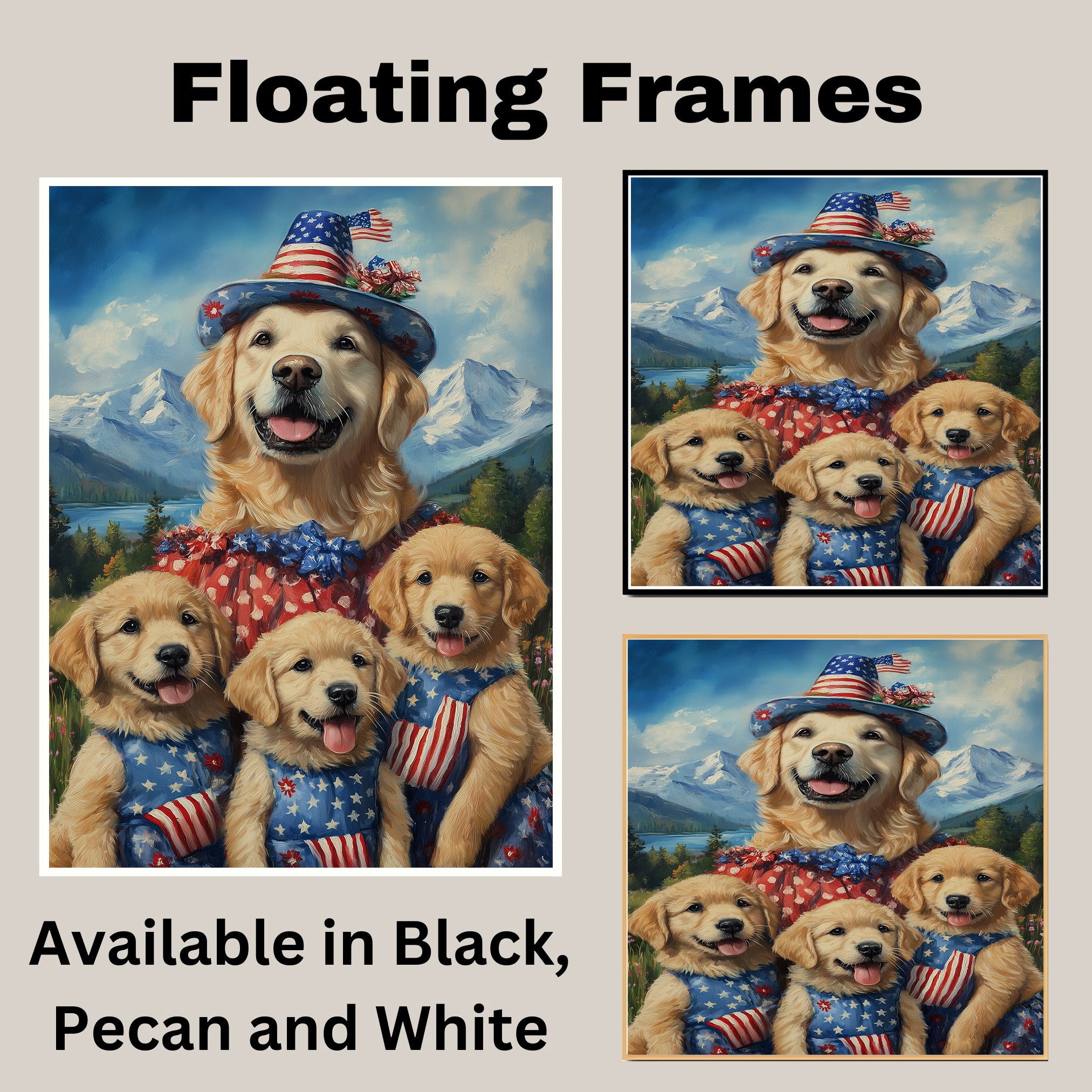 Mother Golden Retriever with Three Puppies in Patriotic Outfits and Hats in a Scenic Mountain Landscape on Ready to Hang 1.5" Thick Canvas Wrap, Floating Framed Canvas, Flat Rolled Canvas
