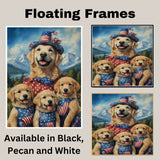 Mother Golden Retriever with Three Puppies in Patriotic Outfits and Hats in a Scenic Mountain Landscape on Ready to Hang 1.5" Thick Canvas Wrap, Floating Framed Canvas, Flat Rolled Canvas