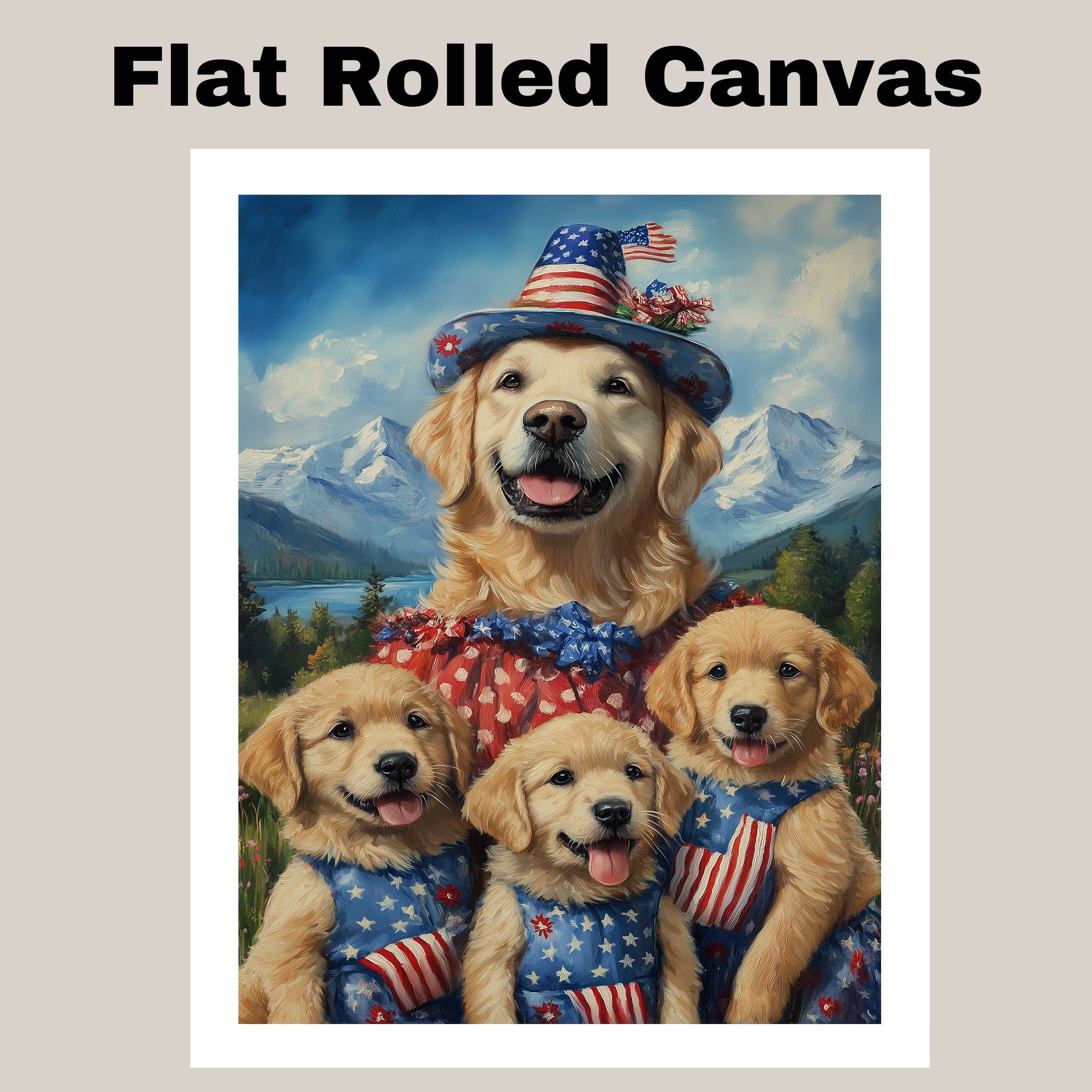 Mother Golden Retriever with Three Puppies in Patriotic Outfits and Hats in a Scenic Mountain Landscape on Ready to Hang 1.5" Thick Canvas Wrap, Floating Framed Canvas, Flat Rolled Canvas
