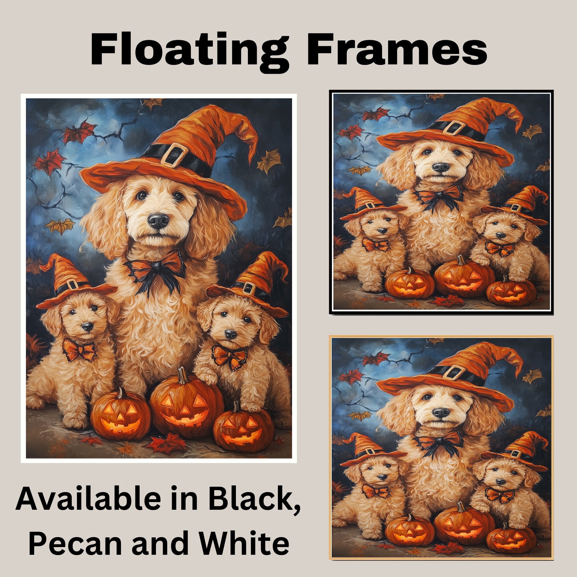 Goldendoodle Halloween Wall Art Rustic Fall Canvas with Glowing Pumpkin Forest Scene and Maple Leaves Farmhouse Decor for Dog Lovers on Ready to Hang 1.5" Thick Canvas Wrap, Floating Framed Canvas, Flat Rolled Canvas