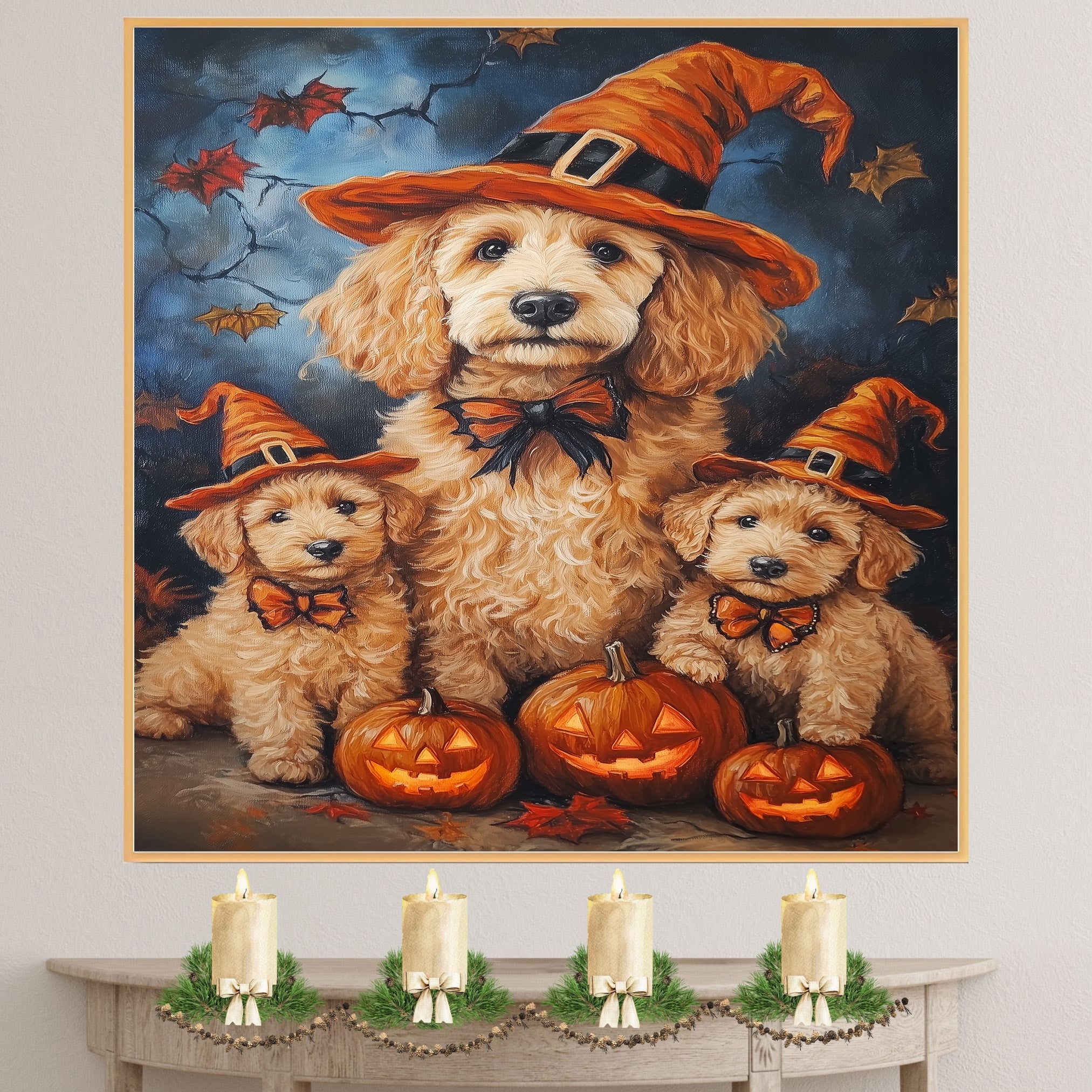 Goldendoodle Halloween Wall Art Rustic Fall Canvas with Glowing Pumpkin Forest Scene and Maple Leaves Farmhouse Decor for Dog Lovers on Ready to Hang 1.5" Thick Canvas Wrap, Floating Framed Canvas, Flat Rolled Canvas