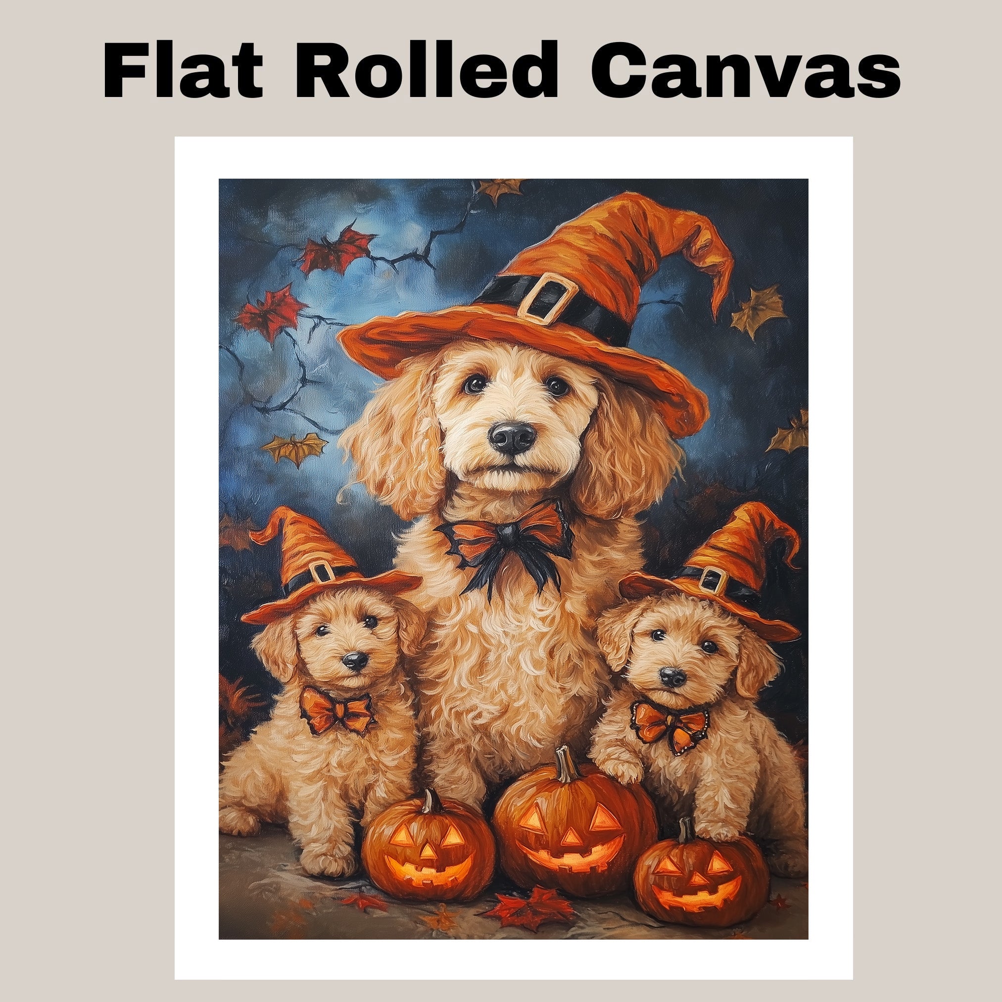 Goldendoodle Halloween Wall Art Rustic Fall Canvas with Glowing Pumpkin Forest Scene and Maple Leaves Farmhouse Decor for Dog Lovers on Ready to Hang 1.5" Thick Canvas Wrap, Floating Framed Canvas, Flat Rolled Canvas