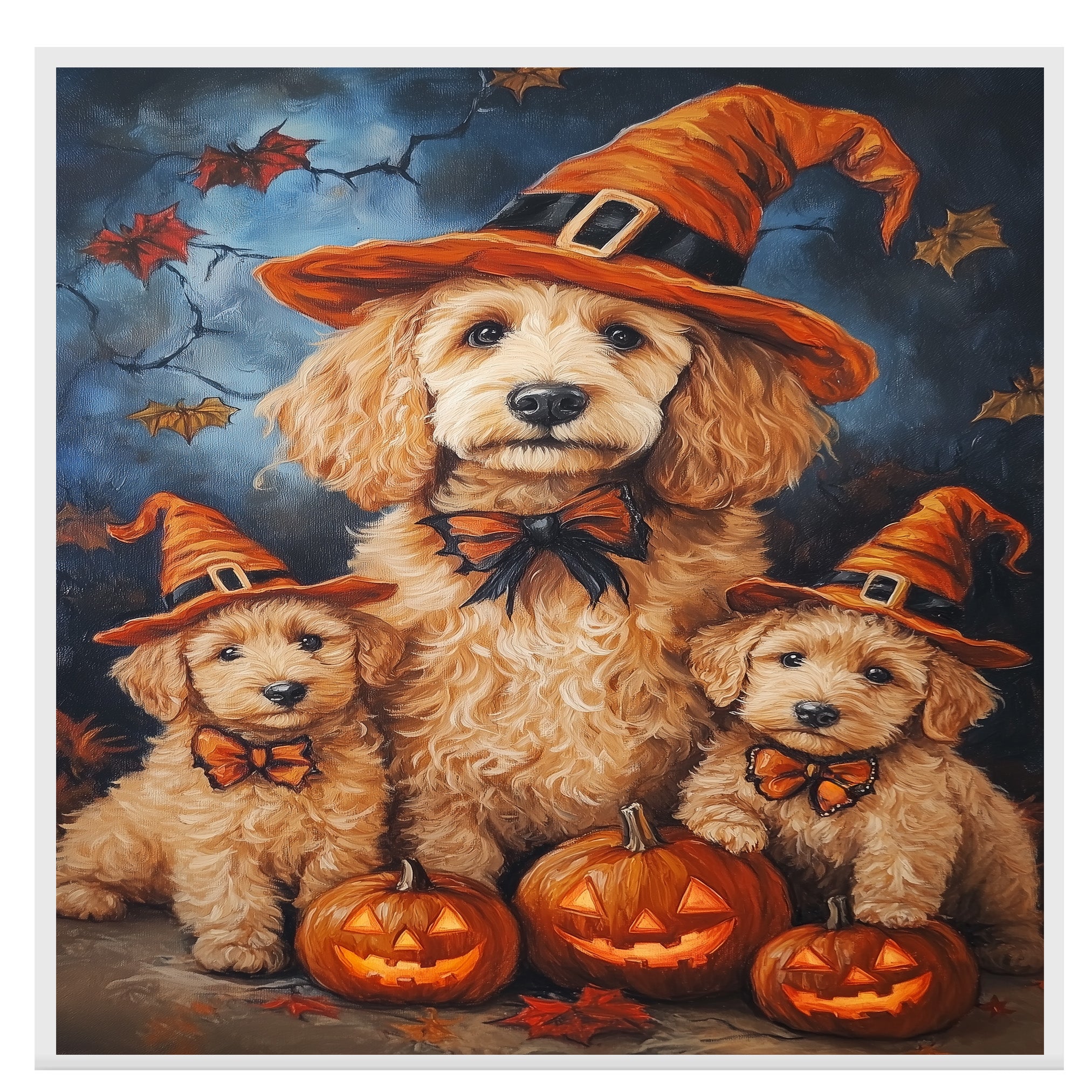 Goldendoodle Halloween Wall Art Rustic Fall Canvas with Glowing Pumpkin Forest Scene and Maple Leaves Farmhouse Decor for Dog Lovers on Ready to Hang 1.5" Thick Canvas Wrap, Floating Framed Canvas, Flat Rolled Canvas