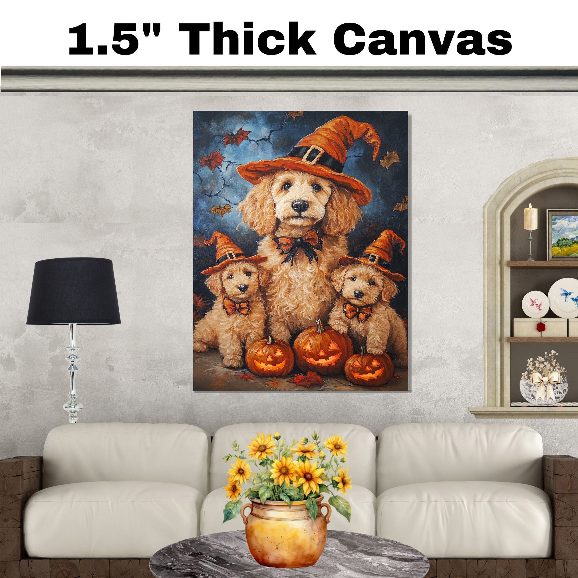 Goldendoodle Halloween Wall Art Rustic Fall Canvas with Glowing Pumpkin Forest Scene and Maple Leaves Farmhouse Decor for Dog Lovers on Ready to Hang 1.5" Thick Canvas Wrap, Floating Framed Canvas, Flat Rolled Canvas