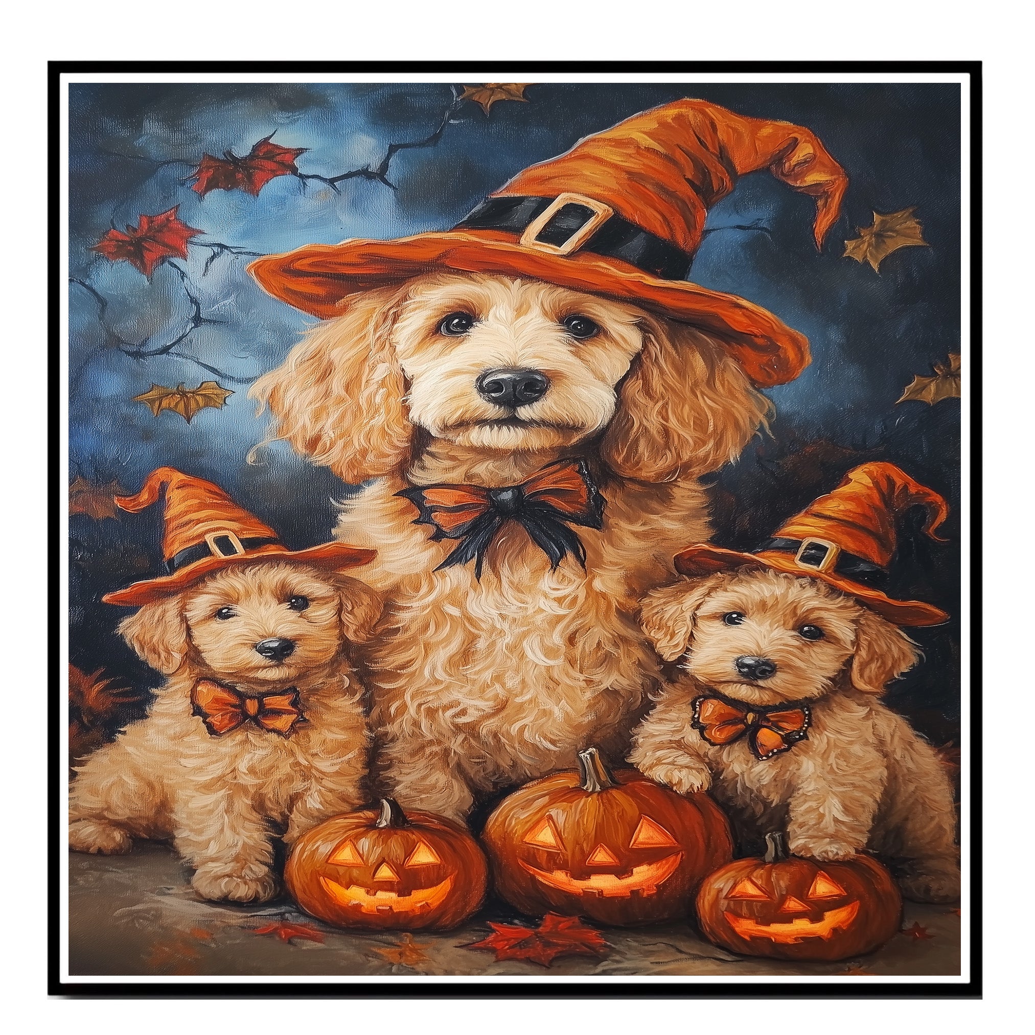 Goldendoodle Halloween Wall Art Rustic Fall Canvas with Glowing Pumpkin Forest Scene and Maple Leaves Farmhouse Decor for Dog Lovers on Ready to Hang 1.5" Thick Canvas Wrap, Floating Framed Canvas, Flat Rolled Canvas