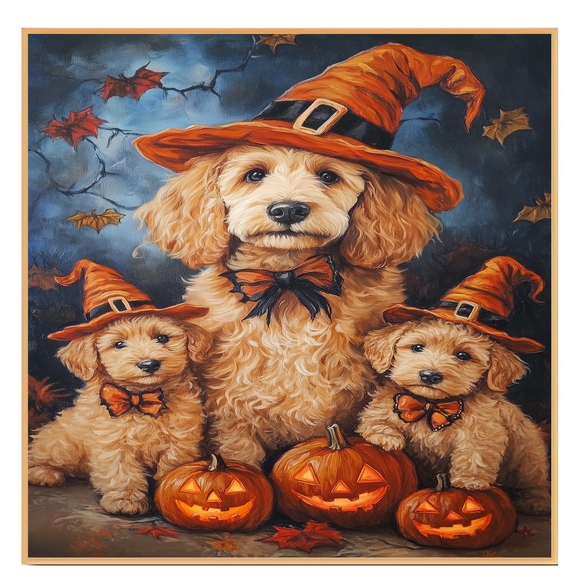 Goldendoodle Halloween Wall Art Rustic Fall Canvas with Glowing Pumpkin Forest Scene and Maple Leaves Farmhouse Decor for Dog Lovers on Ready to Hang 1.5" Thick Canvas Wrap, Floating Framed Canvas, Flat Rolled Canvas