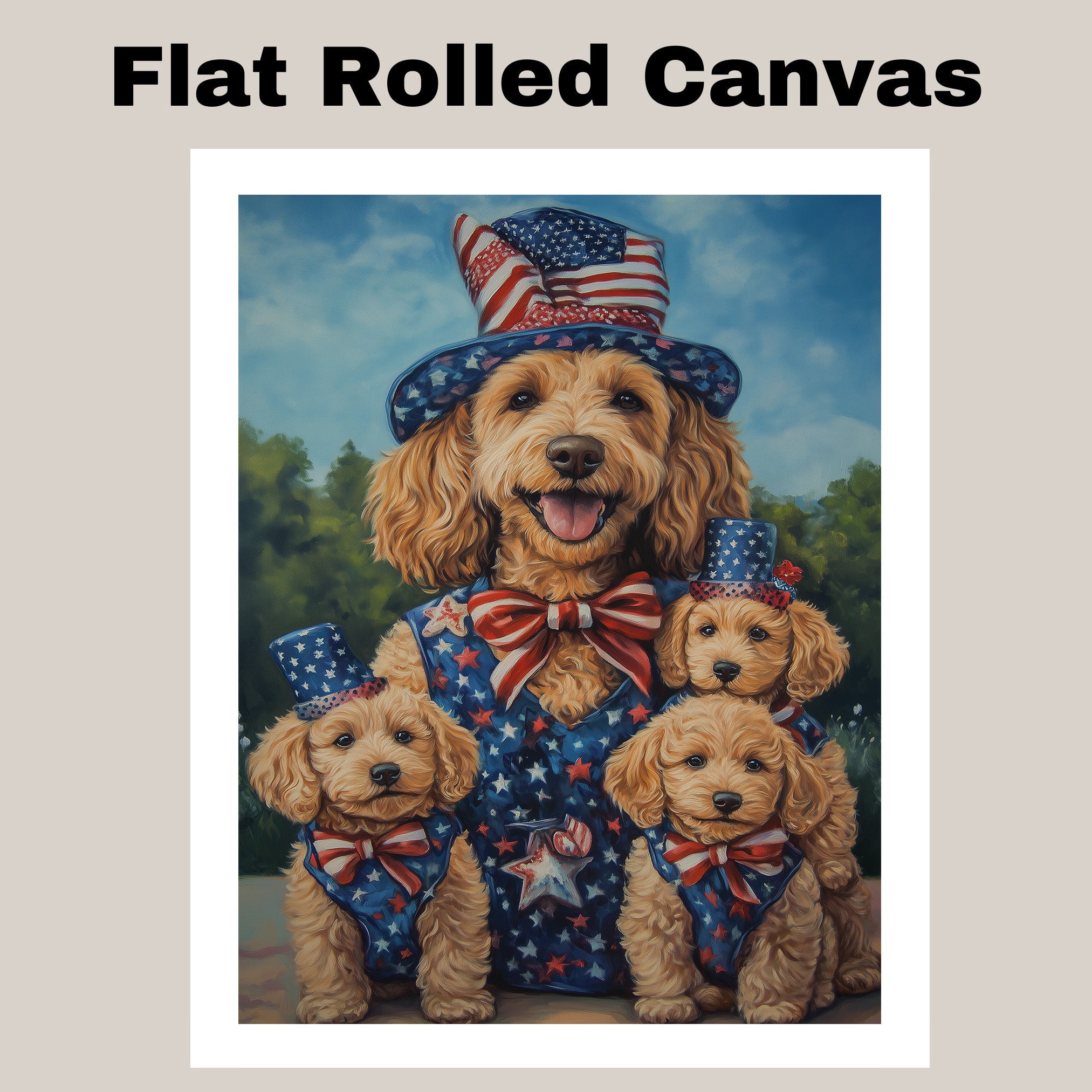 Mother Goldendoodle with Three Puppies in Patriotic Outfits and Hats Celebrating in a Summer Outdoor Setting on Ready to Hang 1.5" Thick Canvas Wrap, Floating Framed Canvas, Flat Rolled Canvas