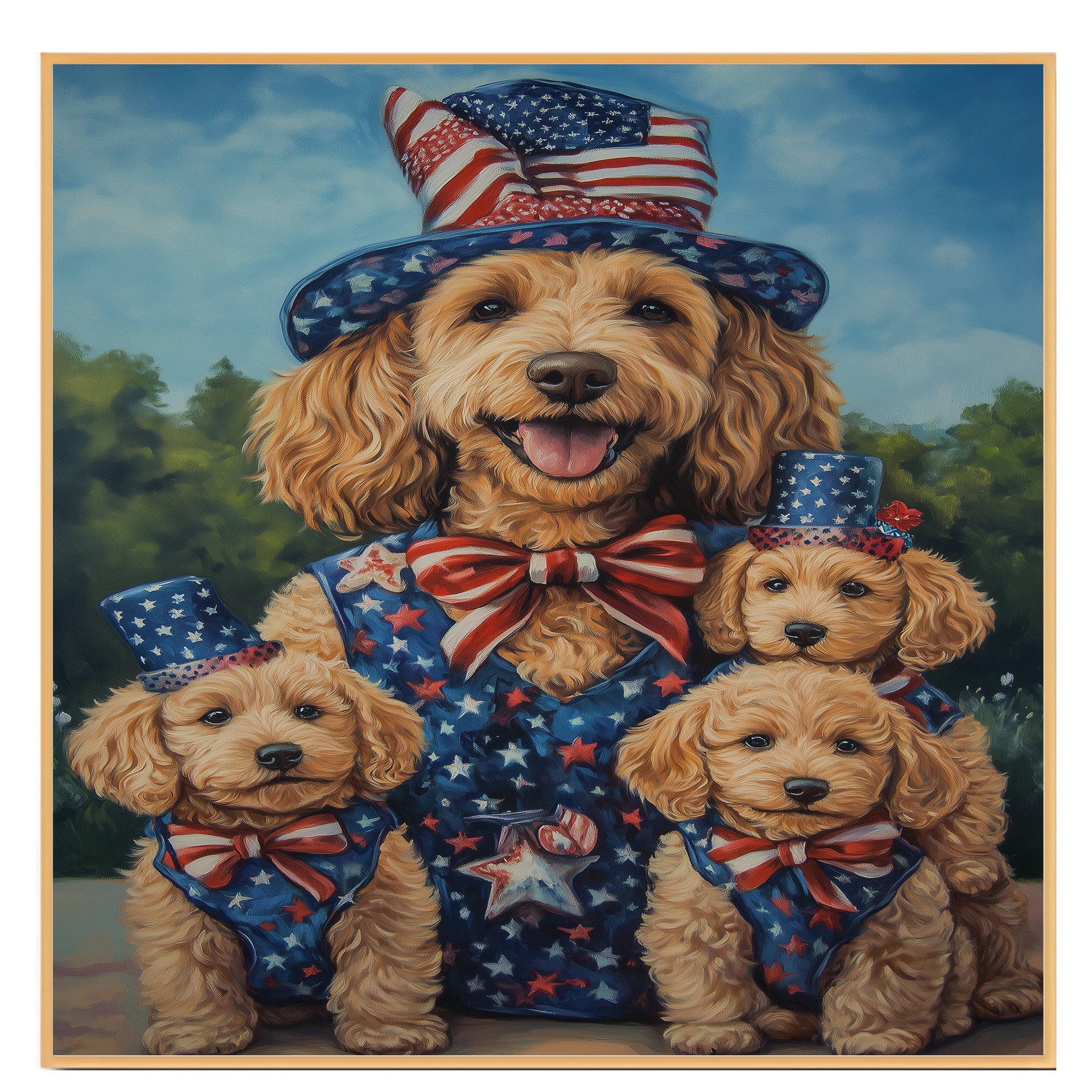 Mother Goldendoodle with Three Puppies in Patriotic Outfits and Hats Celebrating in a Summer Outdoor Setting on Ready to Hang 1.5" Thick Canvas Wrap, Floating Framed Canvas, Flat Rolled Canvas