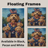Mother Goldendoodle with Three Puppies in Patriotic Outfits and Hats Celebrating in a Summer Outdoor Setting on Ready to Hang 1.5" Thick Canvas Wrap, Floating Framed Canvas, Flat Rolled Canvas