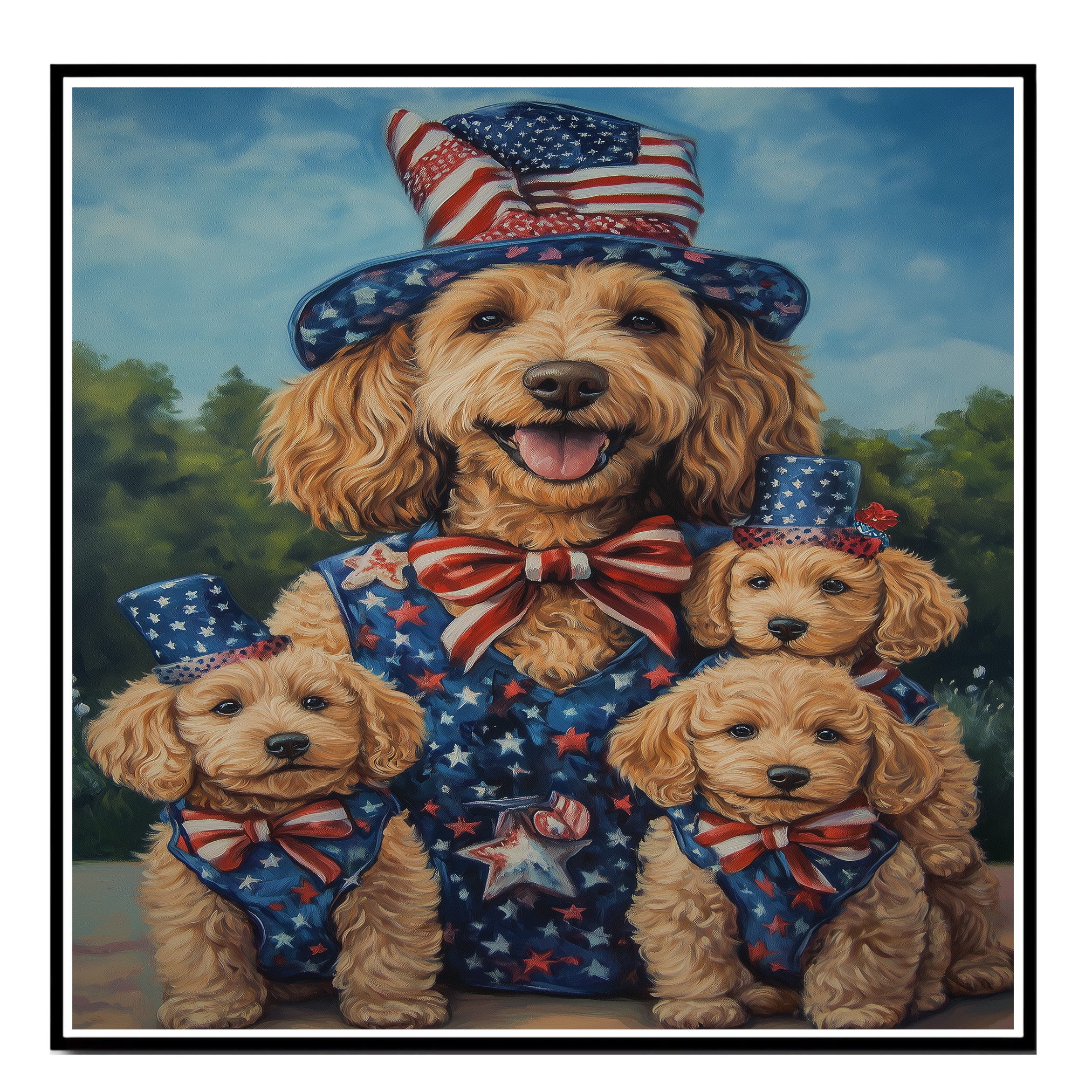 Mother Goldendoodle with Three Puppies in Patriotic Outfits and Hats Celebrating in a Summer Outdoor Setting on Ready to Hang 1.5" Thick Canvas Wrap, Floating Framed Canvas, Flat Rolled Canvas