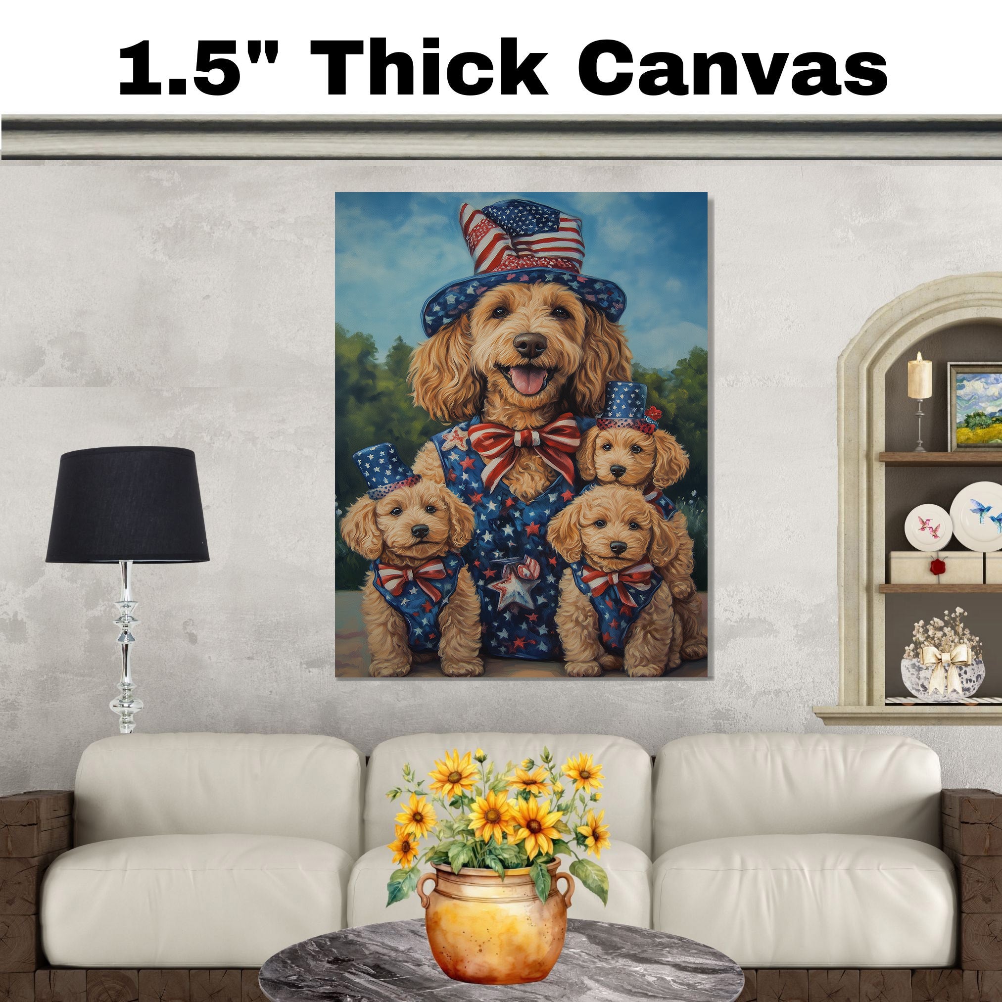 Mother Goldendoodle with Three Puppies in Patriotic Outfits and Hats Celebrating in a Summer Outdoor Setting on Ready to Hang 1.5" Thick Canvas Wrap, Floating Framed Canvas, Flat Rolled Canvas