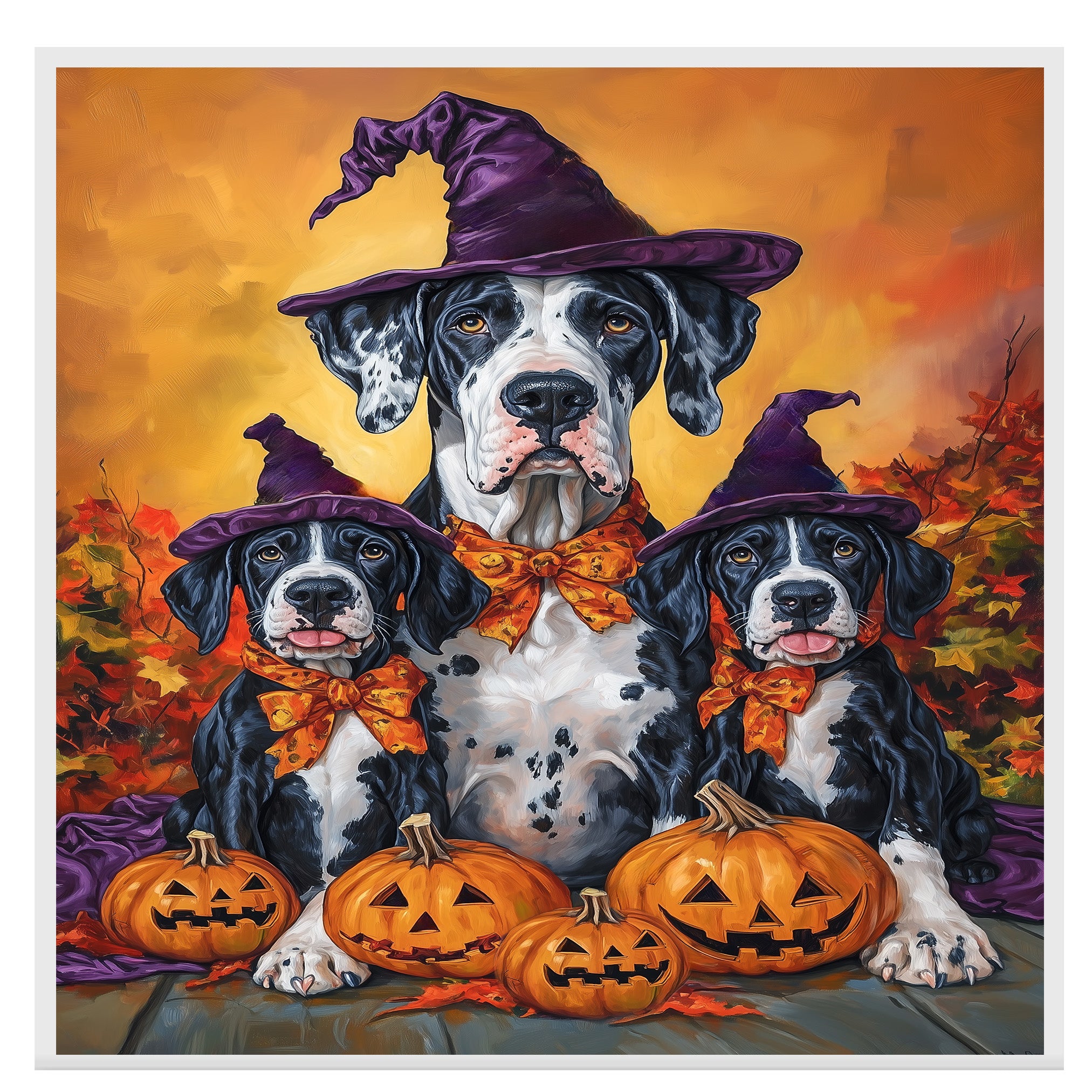 Great Dane Dog Halloween Canvas Wall Art with Pumpkins and Witch Hats Rustic Fall Farmhouse Decor on Ready to Hang 1.5" Thick Canvas Wrap, Floating Framed Canvas, Flat Rolled Canvas