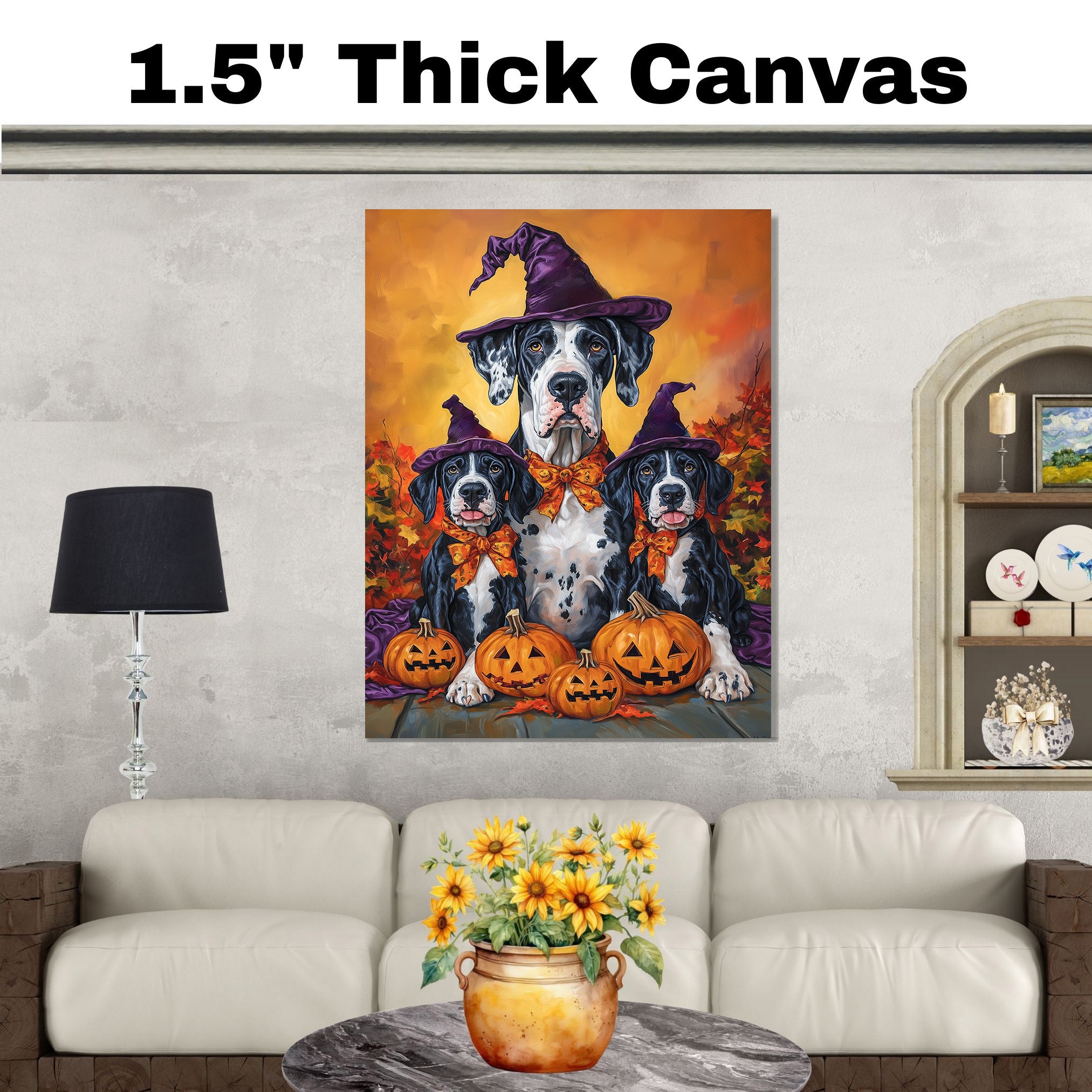 Great Dane Dog Halloween Canvas Wall Art with Pumpkins and Witch Hats Rustic Fall Farmhouse Decor on Ready to Hang 1.5" Thick Canvas Wrap, Floating Framed Canvas, Flat Rolled Canvas