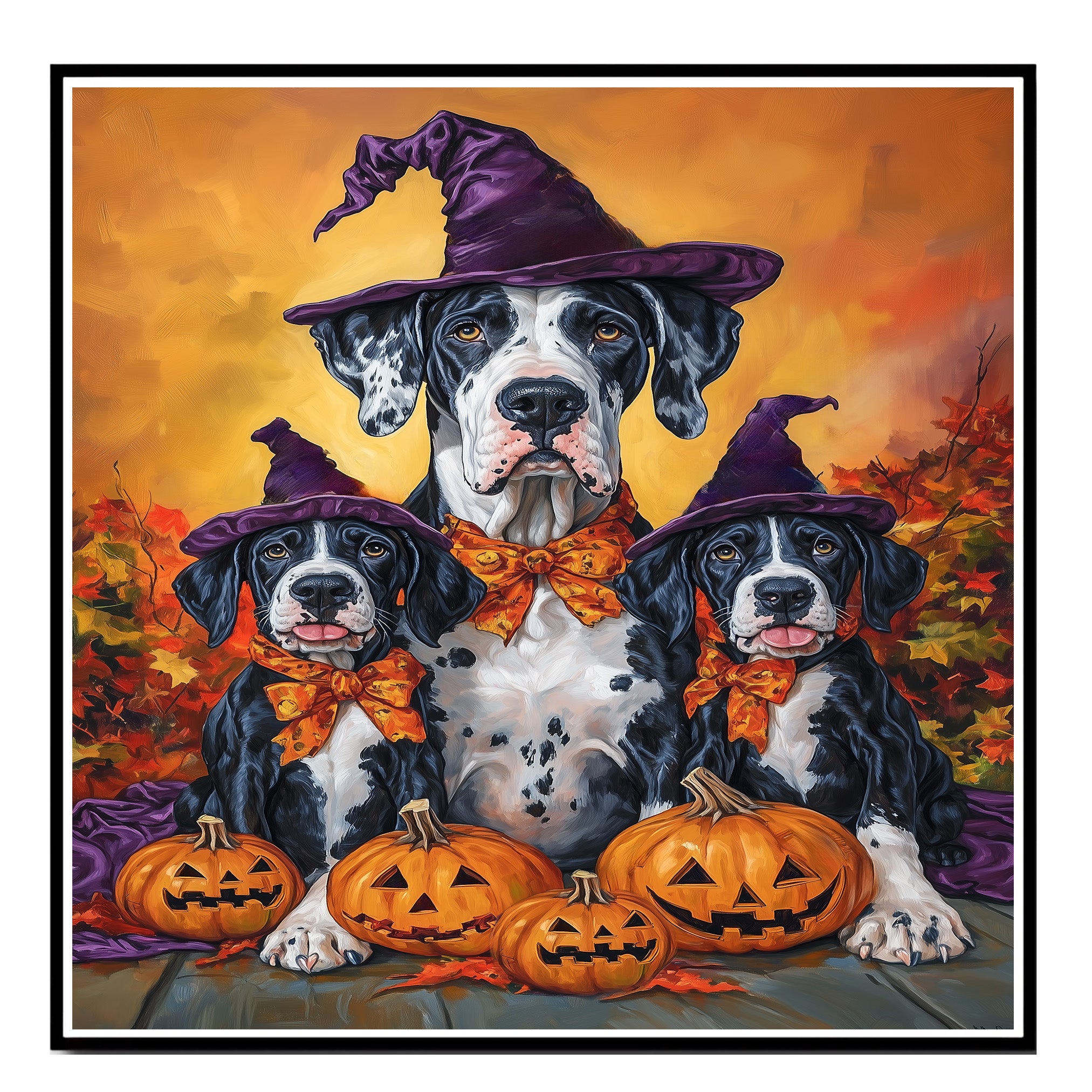 Great Dane Dog Halloween Canvas Wall Art with Pumpkins and Witch Hats Rustic Fall Farmhouse Decor on Ready to Hang 1.5" Thick Canvas Wrap, Floating Framed Canvas, Flat Rolled Canvas