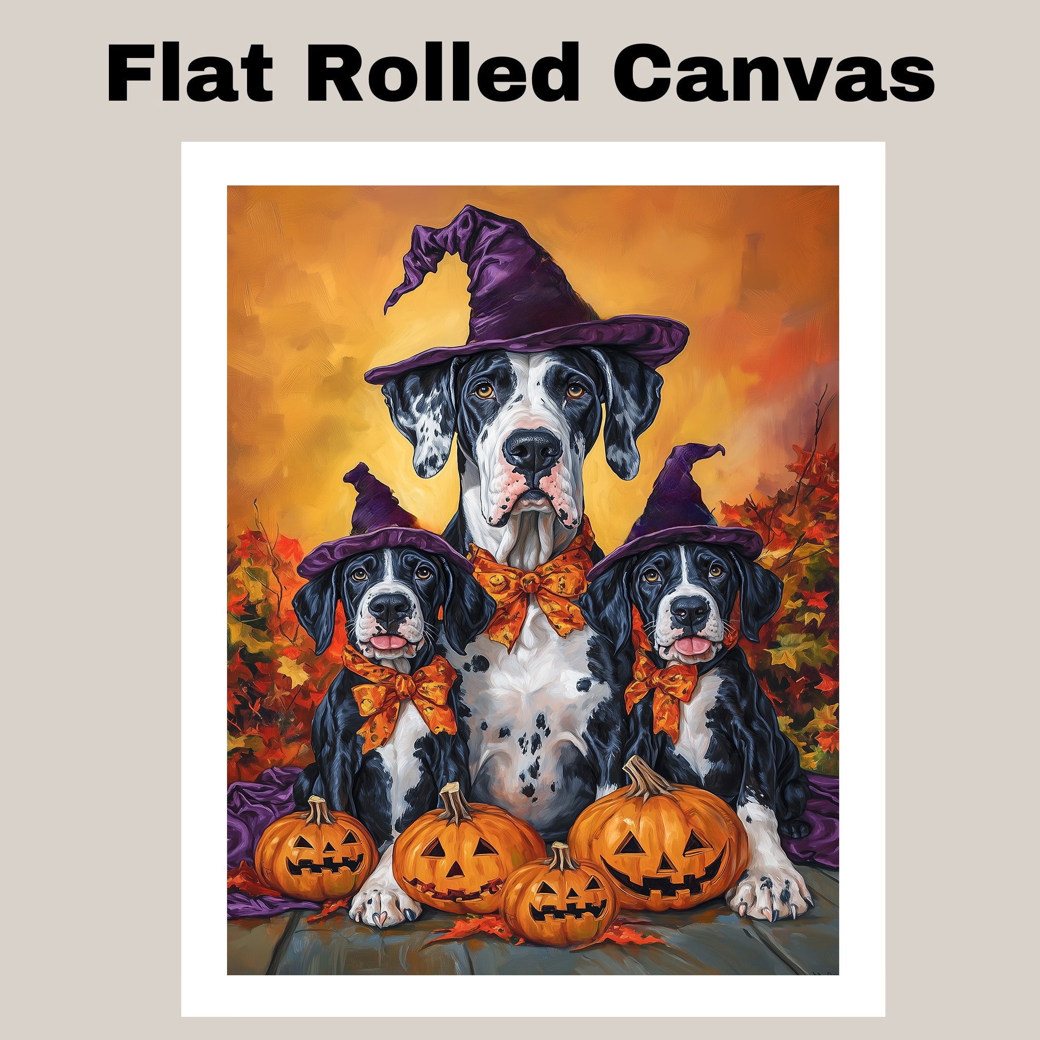 Great Dane Dog Halloween Canvas Wall Art with Pumpkins and Witch Hats Rustic Fall Farmhouse Decor on Ready to Hang 1.5" Thick Canvas Wrap, Floating Framed Canvas, Flat Rolled Canvas