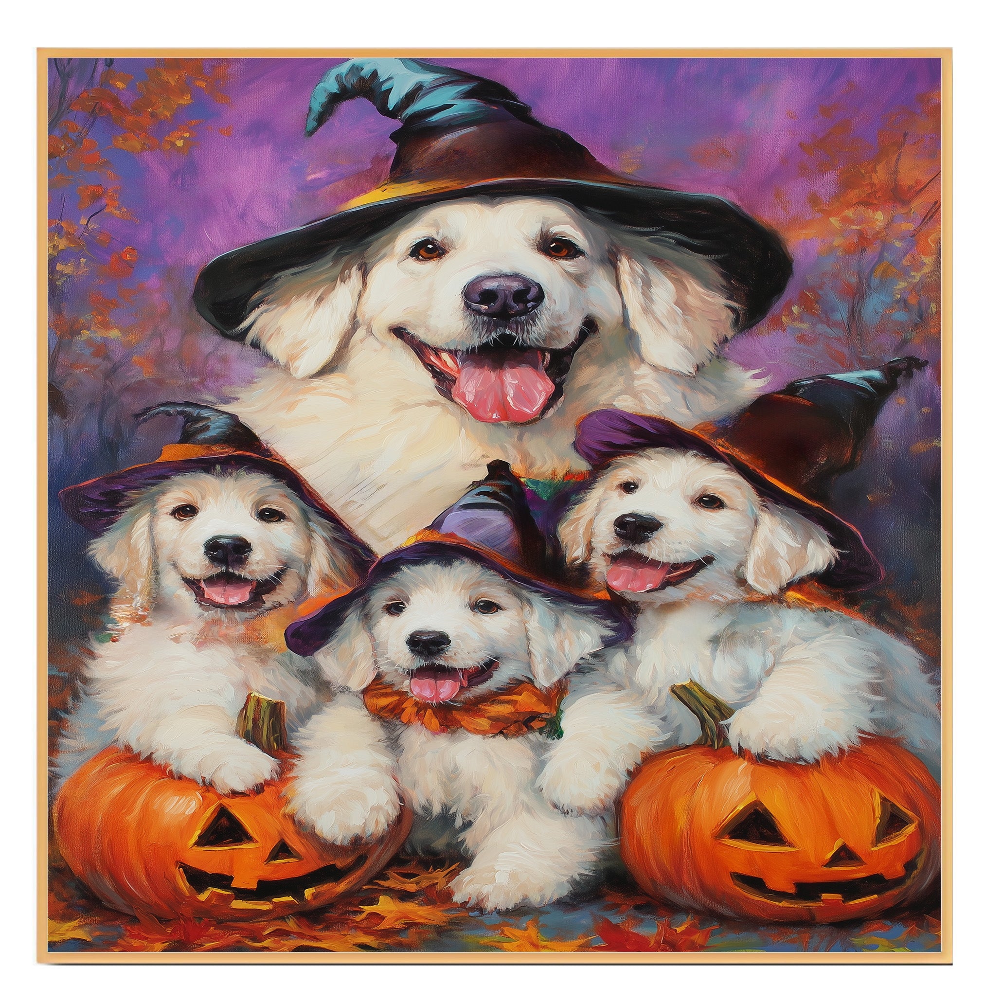 Great Pyrenees Dog Halloween Canvas Wall Art with Pumpkins and Witch Hats Rustic Fall Farmhouse Decor on Ready to Hang 1.5" Thick Canvas Wrap, Floating Framed Canvas, Flat Rolled Canvas