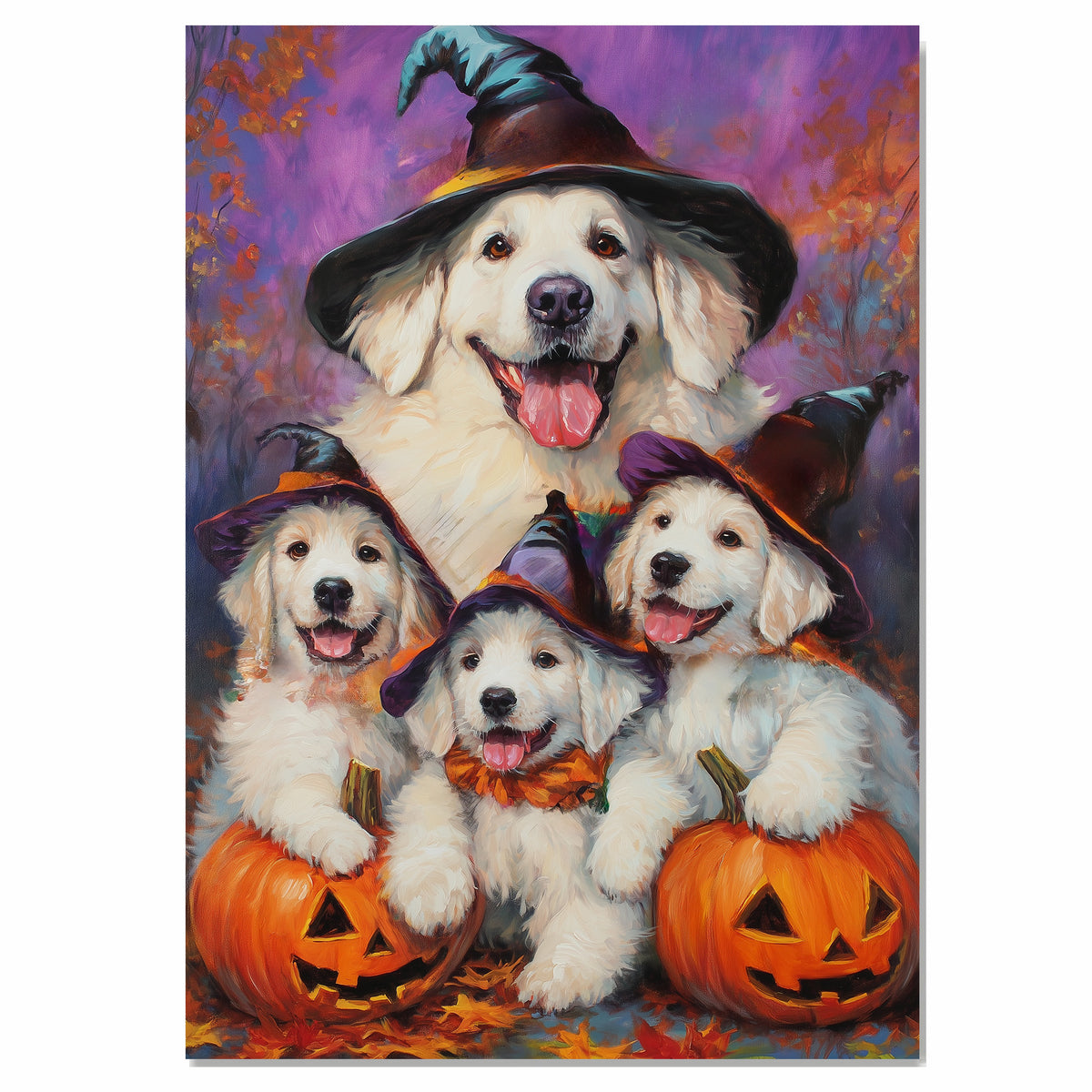 Great Pyrenees Dog Halloween Canvas Wall Art with Pumpkins and Witch Hats Rustic Fall Farmhouse Decor on Ready to Hang 1.5" Thick Canvas Wrap, Floating Framed Canvas, Flat Rolled Canvas