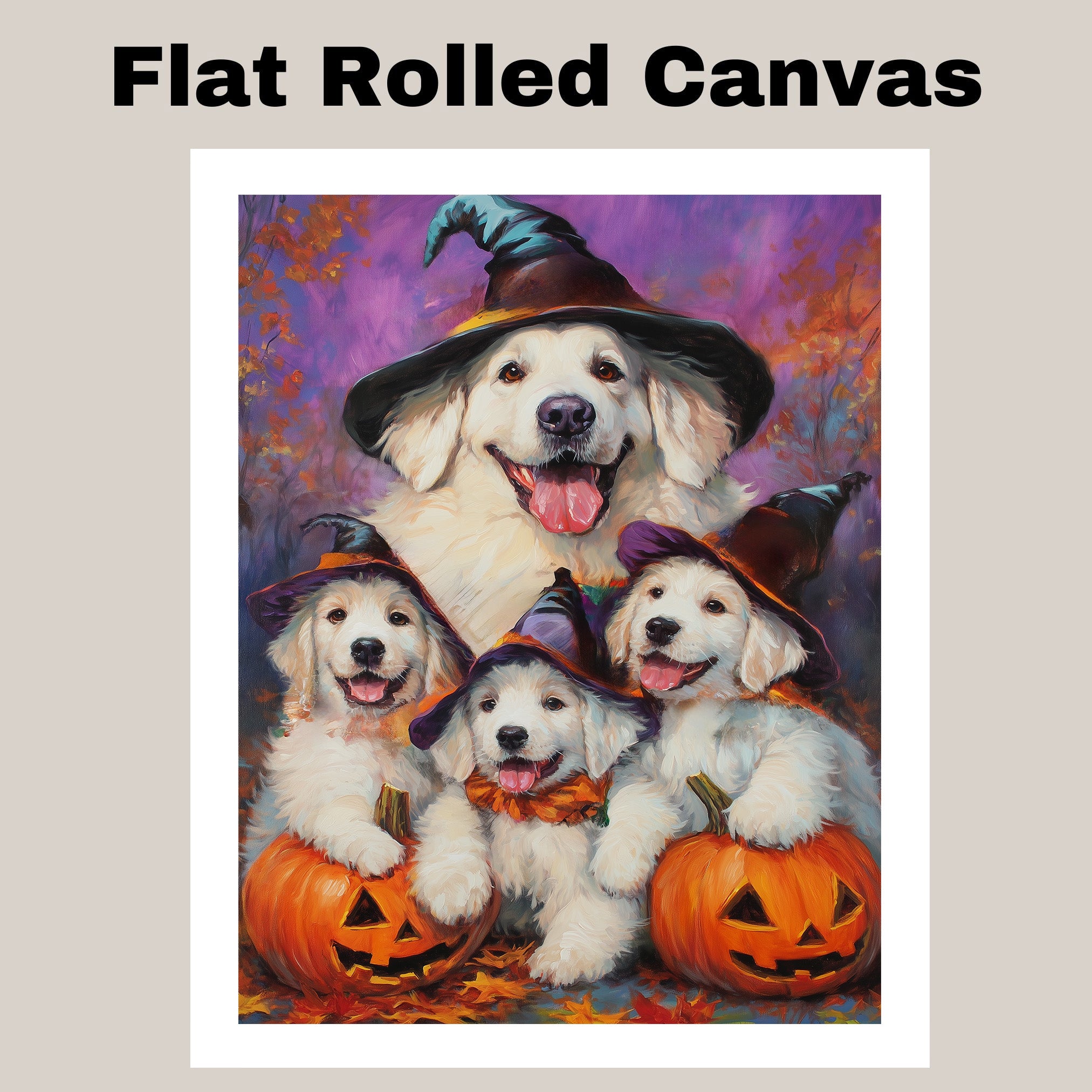 Great Pyrenees Dog Halloween Canvas Wall Art with Pumpkins and Witch Hats Rustic Fall Farmhouse Decor on Ready to Hang 1.5" Thick Canvas Wrap, Floating Framed Canvas, Flat Rolled Canvas