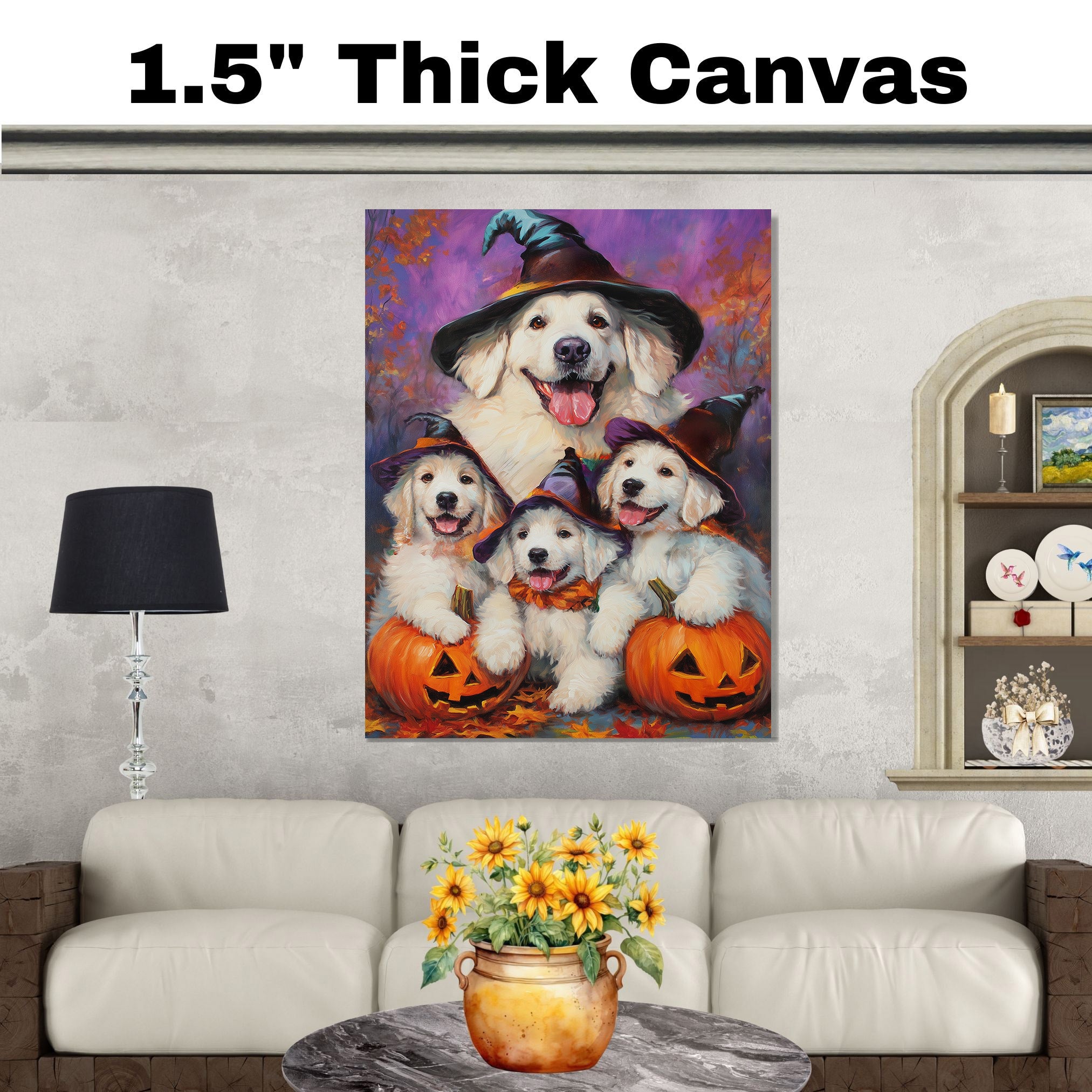 Great Pyrenees Dog Halloween Canvas Wall Art with Pumpkins and Witch Hats Rustic Fall Farmhouse Decor on Ready to Hang 1.5" Thick Canvas Wrap, Floating Framed Canvas, Flat Rolled Canvas