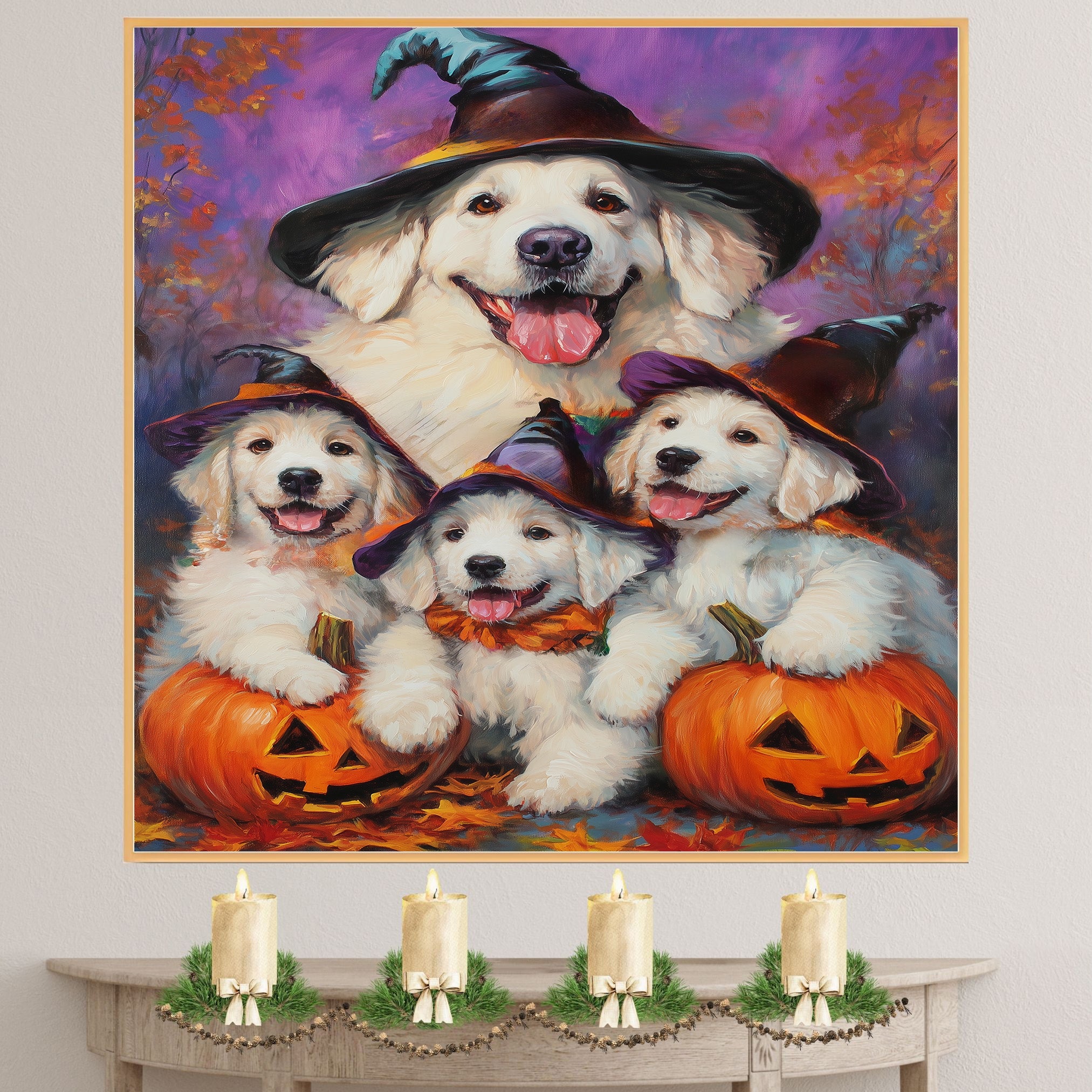 Great Pyrenees Dog Halloween Canvas Wall Art with Pumpkins and Witch Hats Rustic Fall Farmhouse Decor on Ready to Hang 1.5" Thick Canvas Wrap, Floating Framed Canvas, Flat Rolled Canvas