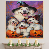 Great Pyrenees Dog Halloween Canvas Wall Art with Pumpkins and Witch Hats Rustic Fall Farmhouse Decor on Ready to Hang 1.5" Thick Canvas Wrap, Floating Framed Canvas, Flat Rolled Canvas
