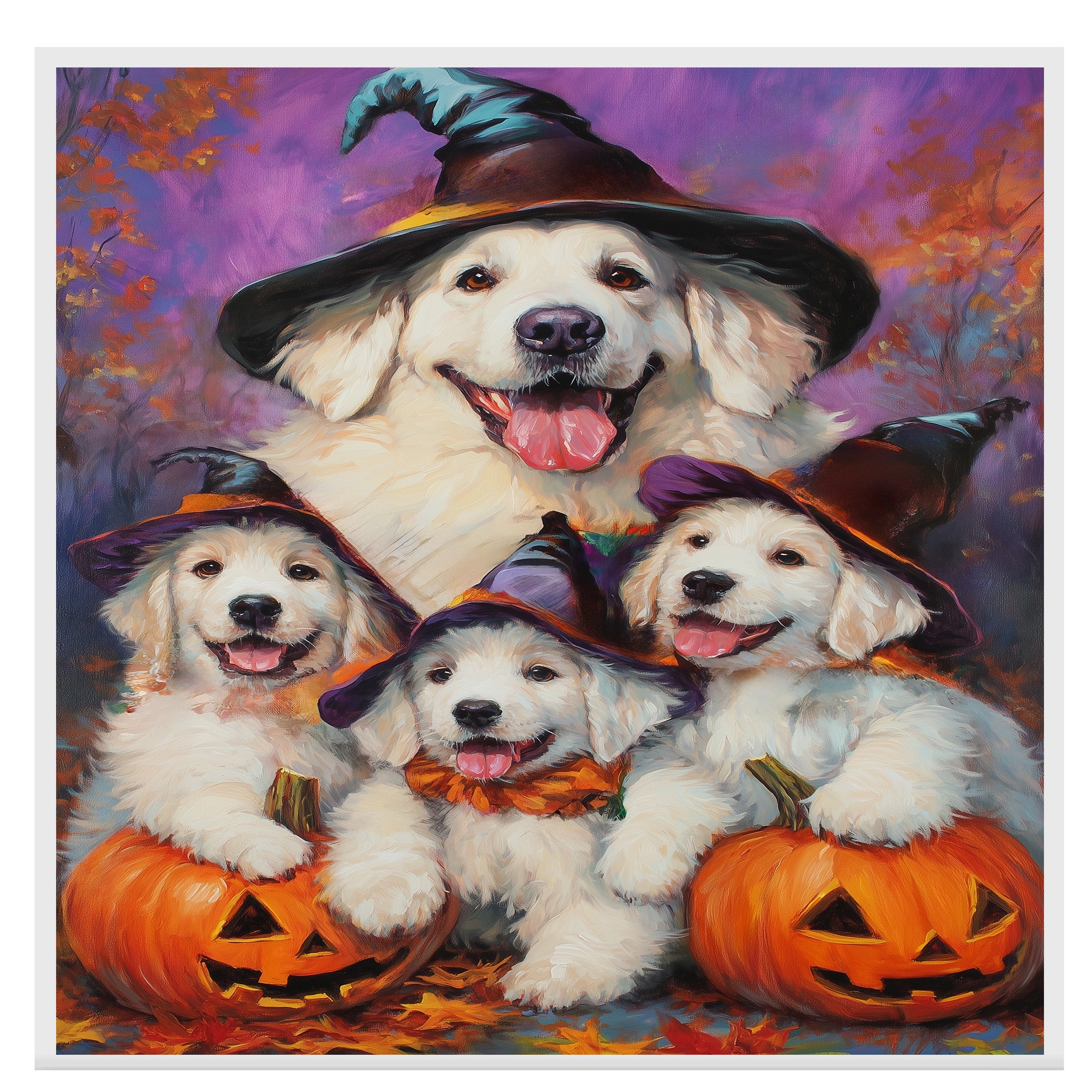Great Pyrenees Dog Halloween Canvas Wall Art with Pumpkins and Witch Hats Rustic Fall Farmhouse Decor on Ready to Hang 1.5" Thick Canvas Wrap, Floating Framed Canvas, Flat Rolled Canvas