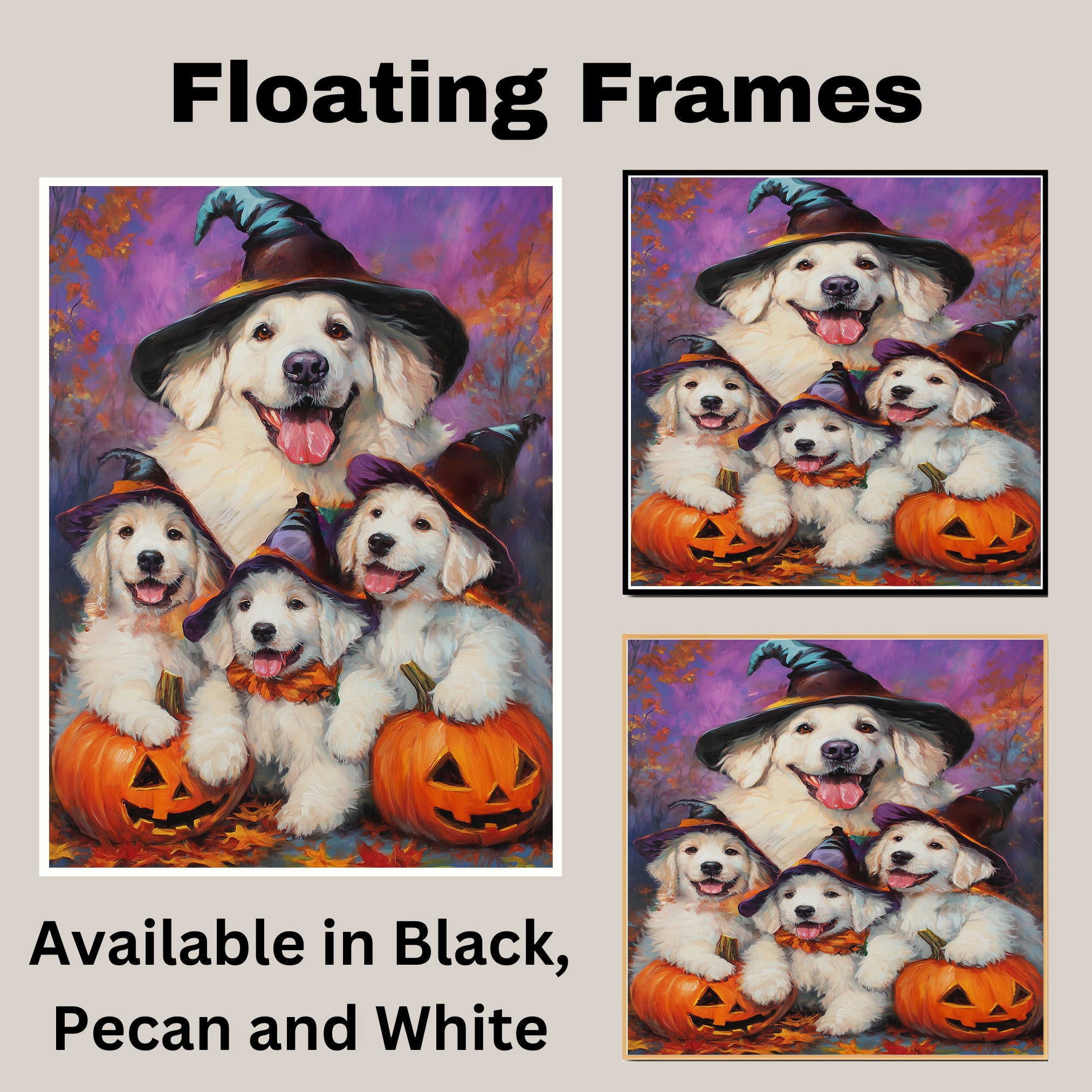 Great Pyrenees Dog Halloween Canvas Wall Art with Pumpkins and Witch Hats Rustic Fall Farmhouse Decor on Ready to Hang 1.5" Thick Canvas Wrap, Floating Framed Canvas, Flat Rolled Canvas