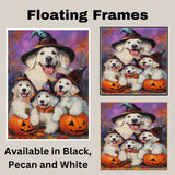 Great Pyrenees Dog Halloween Canvas Wall Art with Pumpkins and Witch Hats Rustic Fall Farmhouse Decor on Ready to Hang 1.5" Thick Canvas Wrap, Floating Framed Canvas, Flat Rolled Canvas