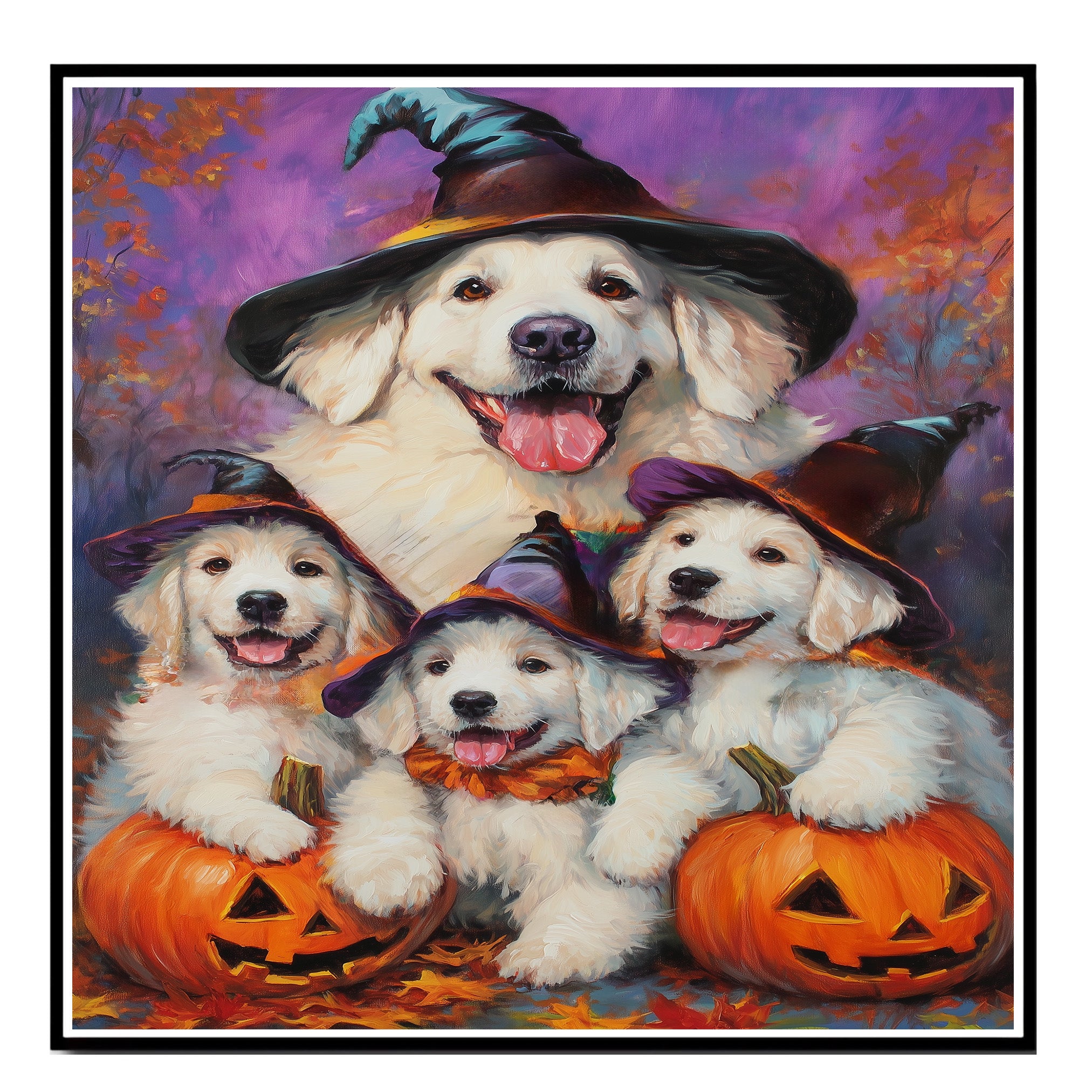 Great Pyrenees Dog Halloween Canvas Wall Art with Pumpkins and Witch Hats Rustic Fall Farmhouse Decor on Ready to Hang 1.5" Thick Canvas Wrap, Floating Framed Canvas, Flat Rolled Canvas