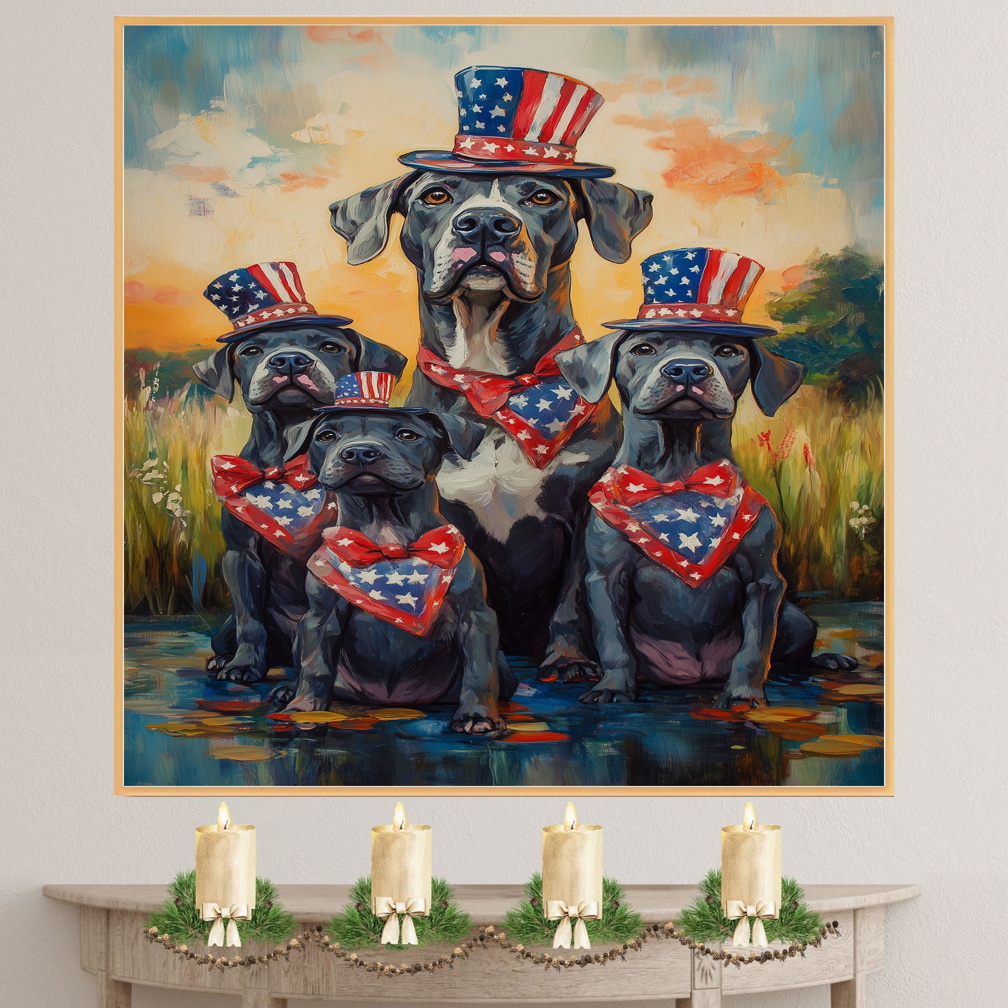 Mother Great Dane with Three Puppies Wearing Patriotic Hats and Bandanas by a Pond at Sunset in a Whimsical Celebration on Ready to Hang 1.5" Thick Canvas Wrap, Floating Framed Canvas, Flat Rolled Canvas