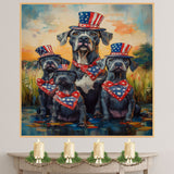 Mother Great Dane with Three Puppies Wearing Patriotic Hats and Bandanas by a Pond at Sunset in a Whimsical Celebration on Ready to Hang 1.5" Thick Canvas Wrap, Floating Framed Canvas, Flat Rolled Canvas