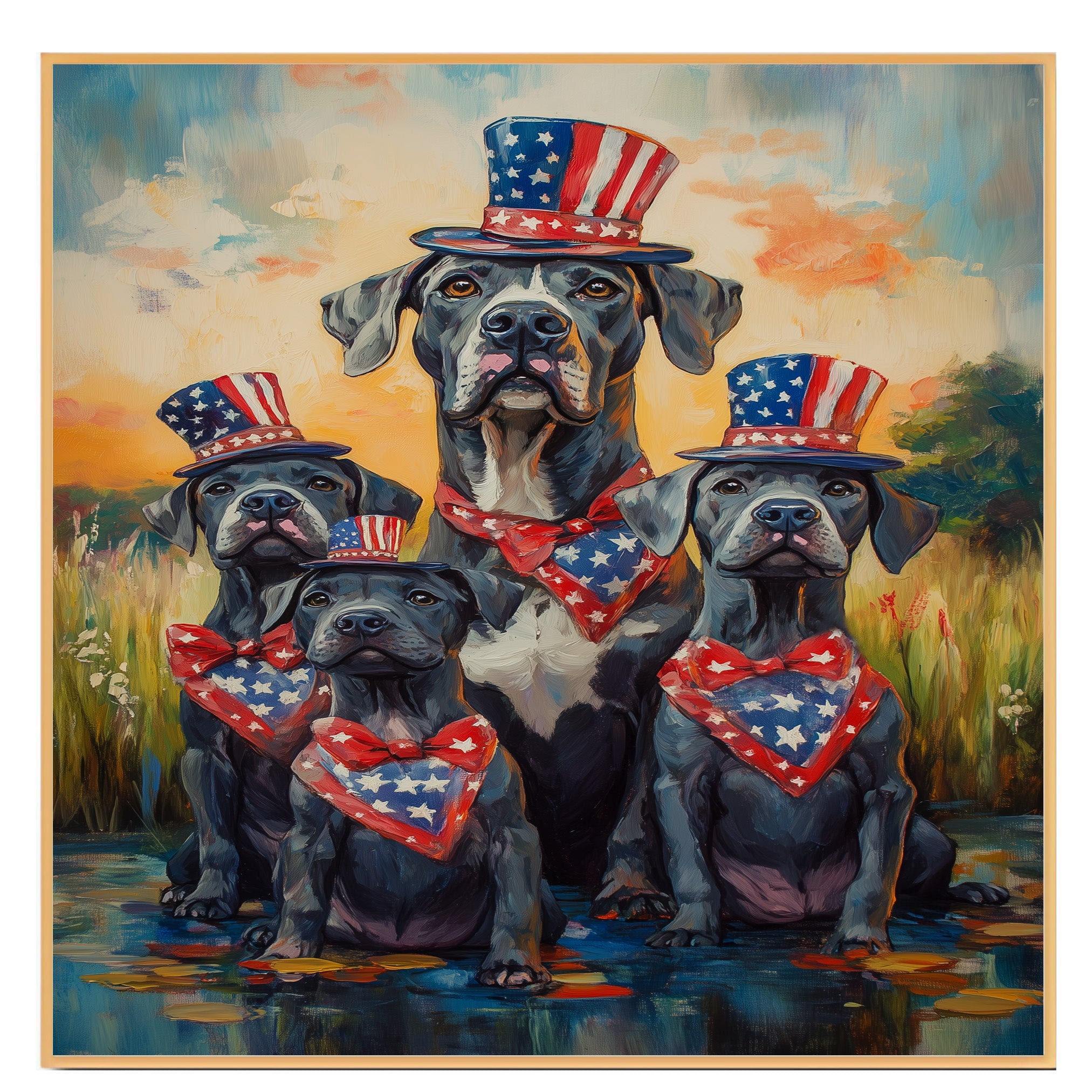 Mother Great Dane with Three Puppies Wearing Patriotic Hats and Bandanas by a Pond at Sunset in a Whimsical Celebration on Ready to Hang 1.5" Thick Canvas Wrap, Floating Framed Canvas, Flat Rolled Canvas