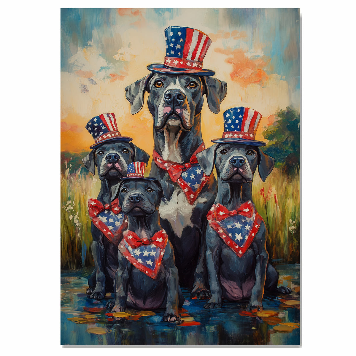 Mother Great Dane with Three Puppies Wearing Patriotic Hats and Bandanas by a Pond at Sunset in a Whimsical Celebration on Ready to Hang 1.5" Thick Canvas Wrap, Floating Framed Canvas, Flat Rolled Canvas